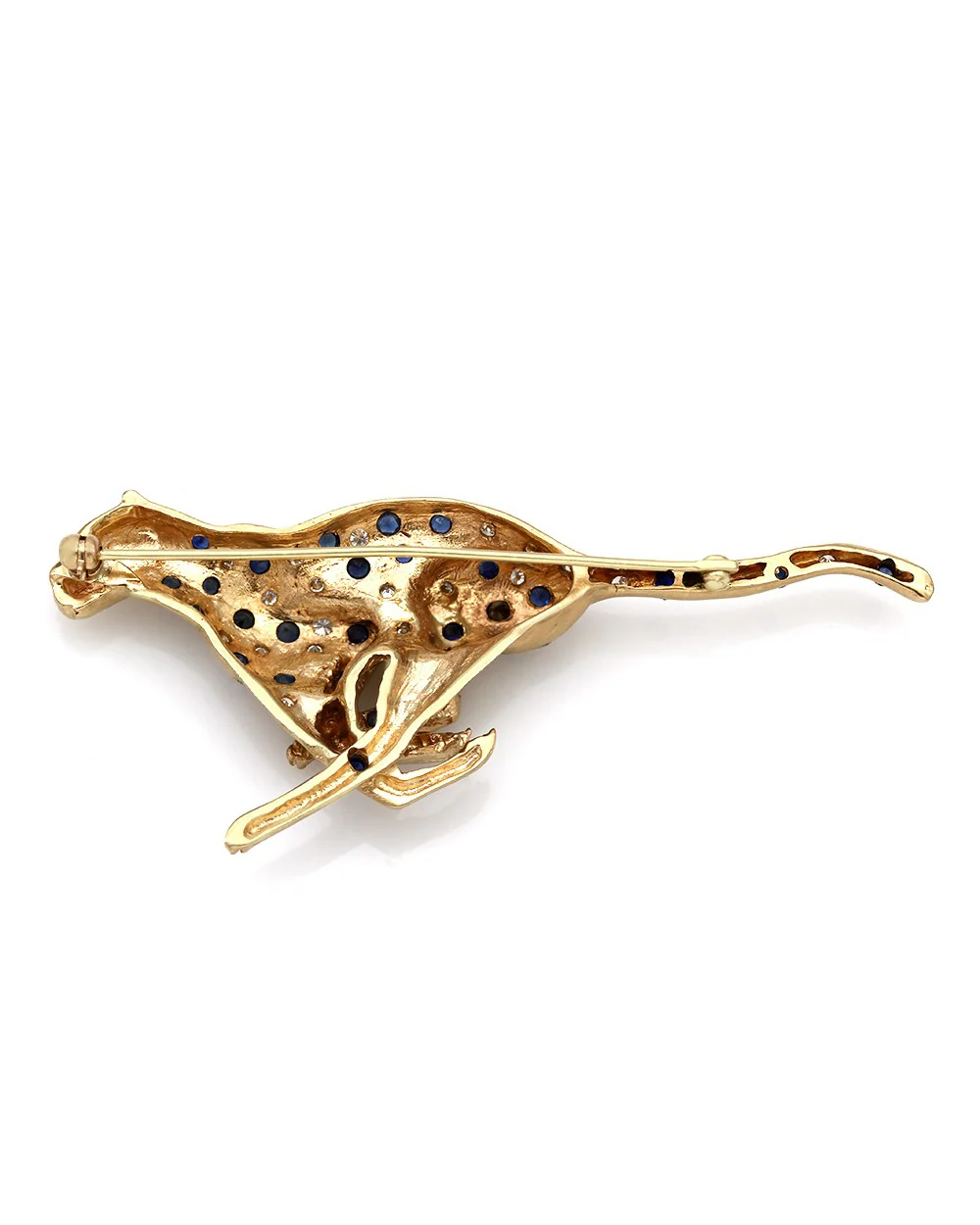 14ky Cheetah Pin with Round Diamonds, Blue Sapphires, and an Emerald Eye - Image 2