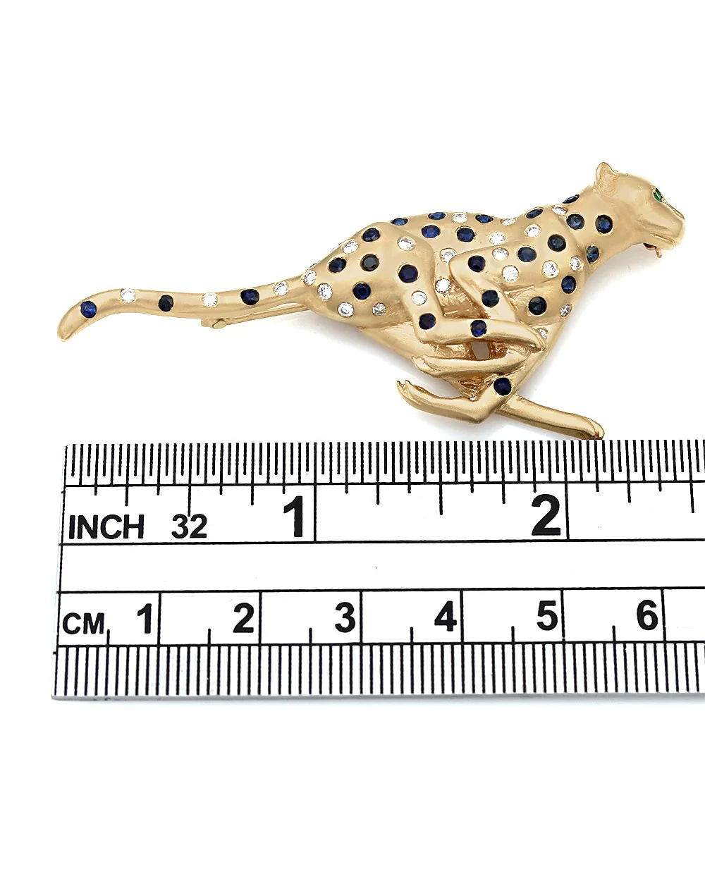 14ky Cheetah Pin with Round Diamonds, Blue Sapphires, and an Emerald Eye - Image 3