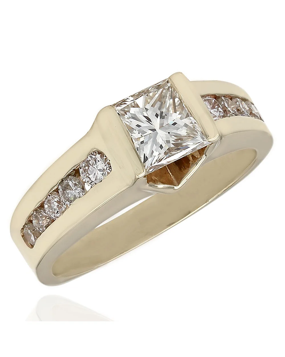 14ky Round Channel Set Ring with 1.14ct Princess Center Diamond