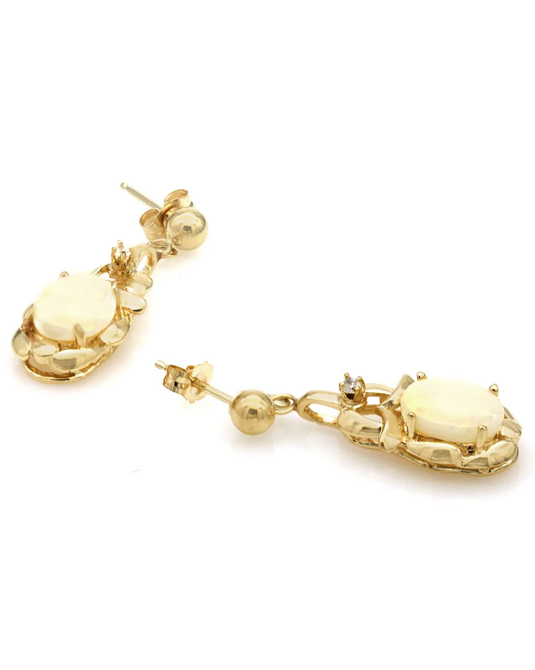 14Ky White Opal and Diamond Dangle Earrings in Yellow Gold - Image 2