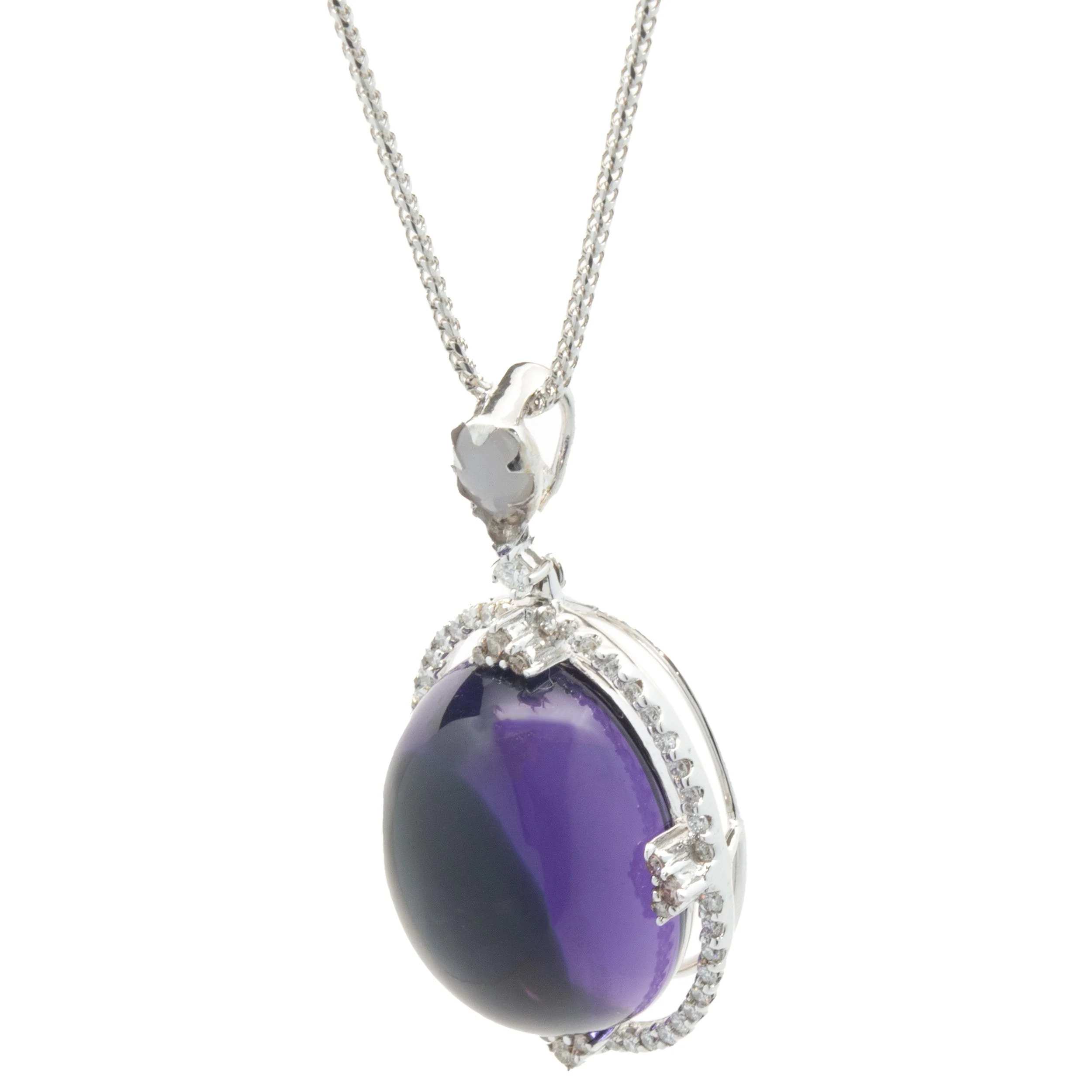18/14 Karat White Gold Cabochon Cut Amethyst and Diamond Drop Necklace - Image 3