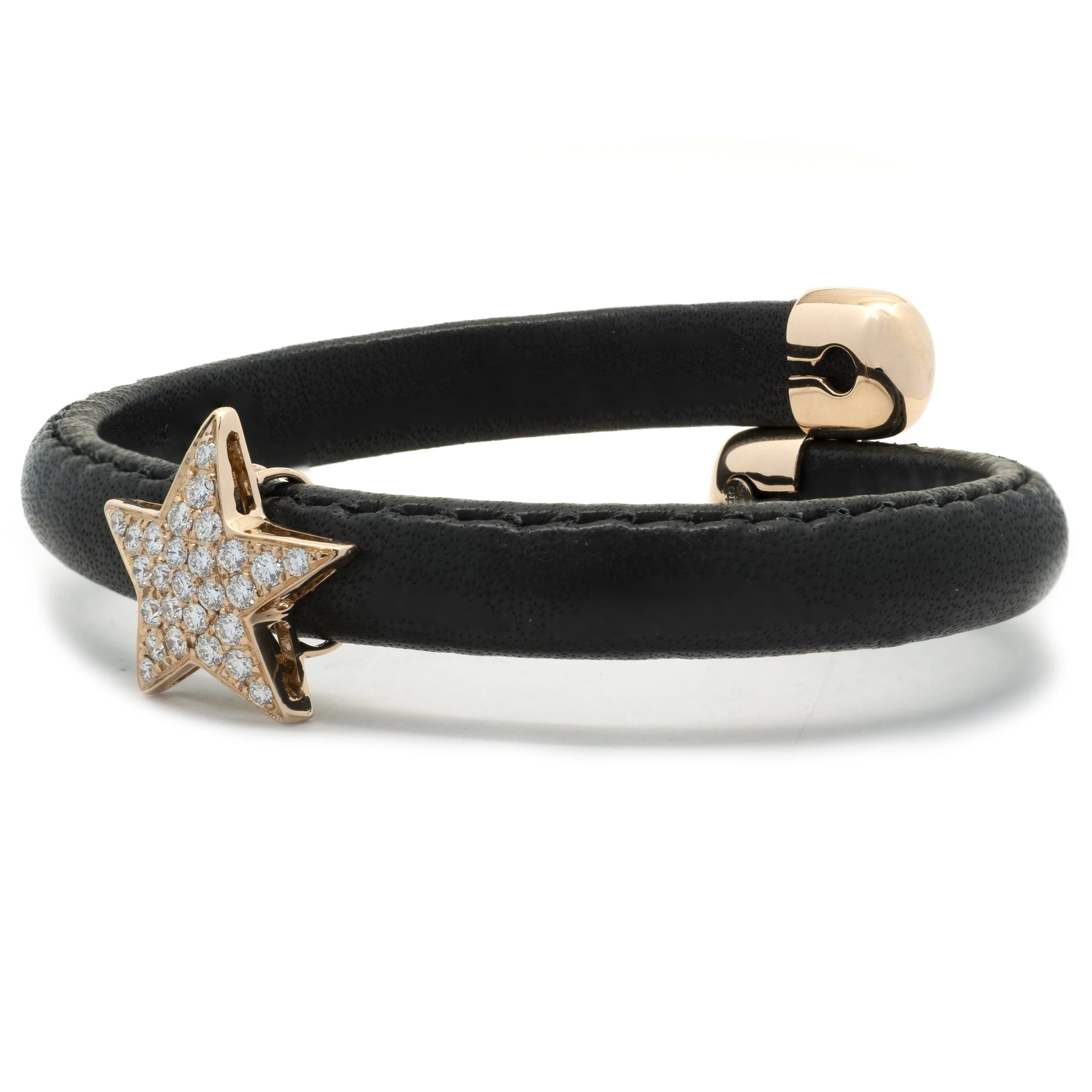 18 Karat Rose Gold Black Leather Diamond Solo Star Wrap Bracelet - Image 2