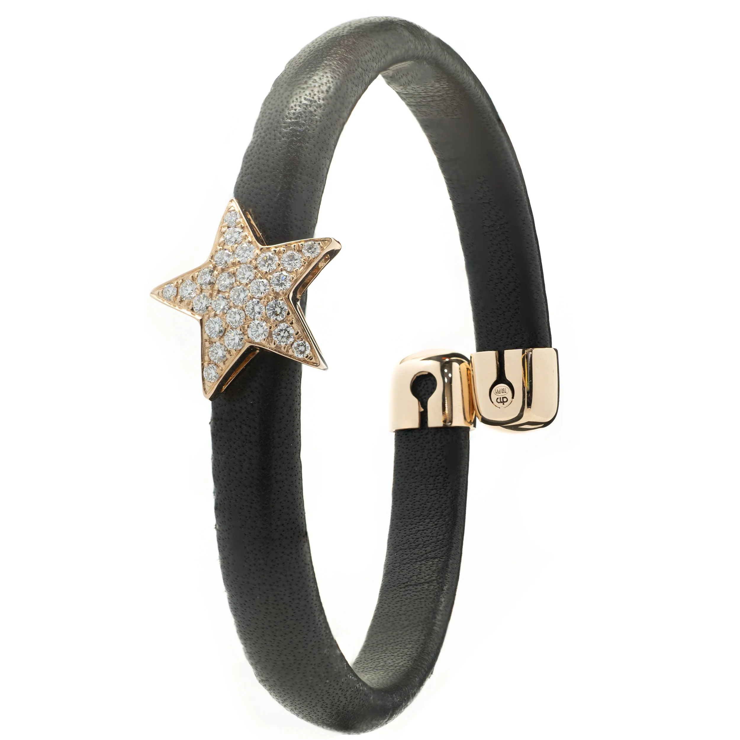 18 Karat Rose Gold Black Leather Diamond Solo Star Wrap Bracelet - Image 4