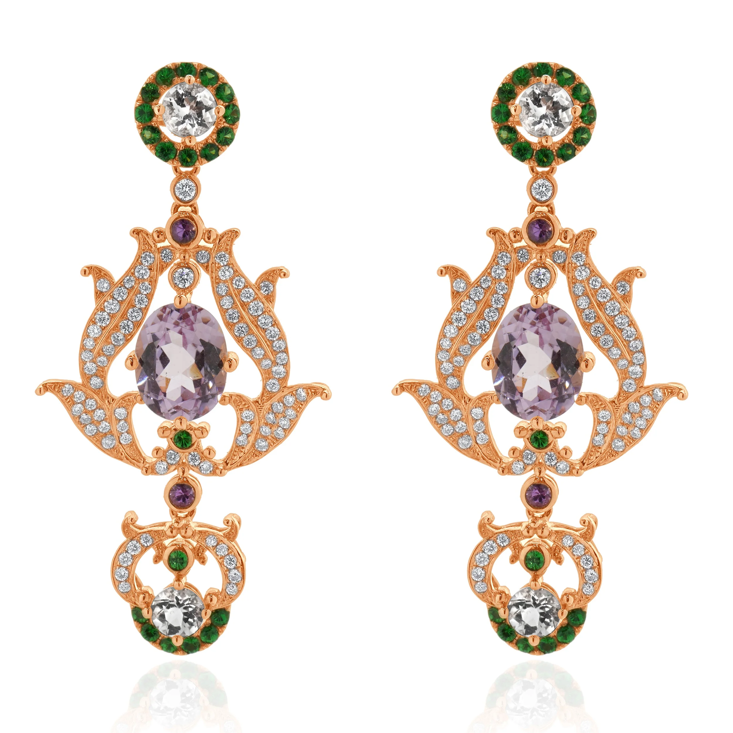 18 Karat Rose Gold Diamond, Kunzite, and Morganite Vintage Floral Style Earrings