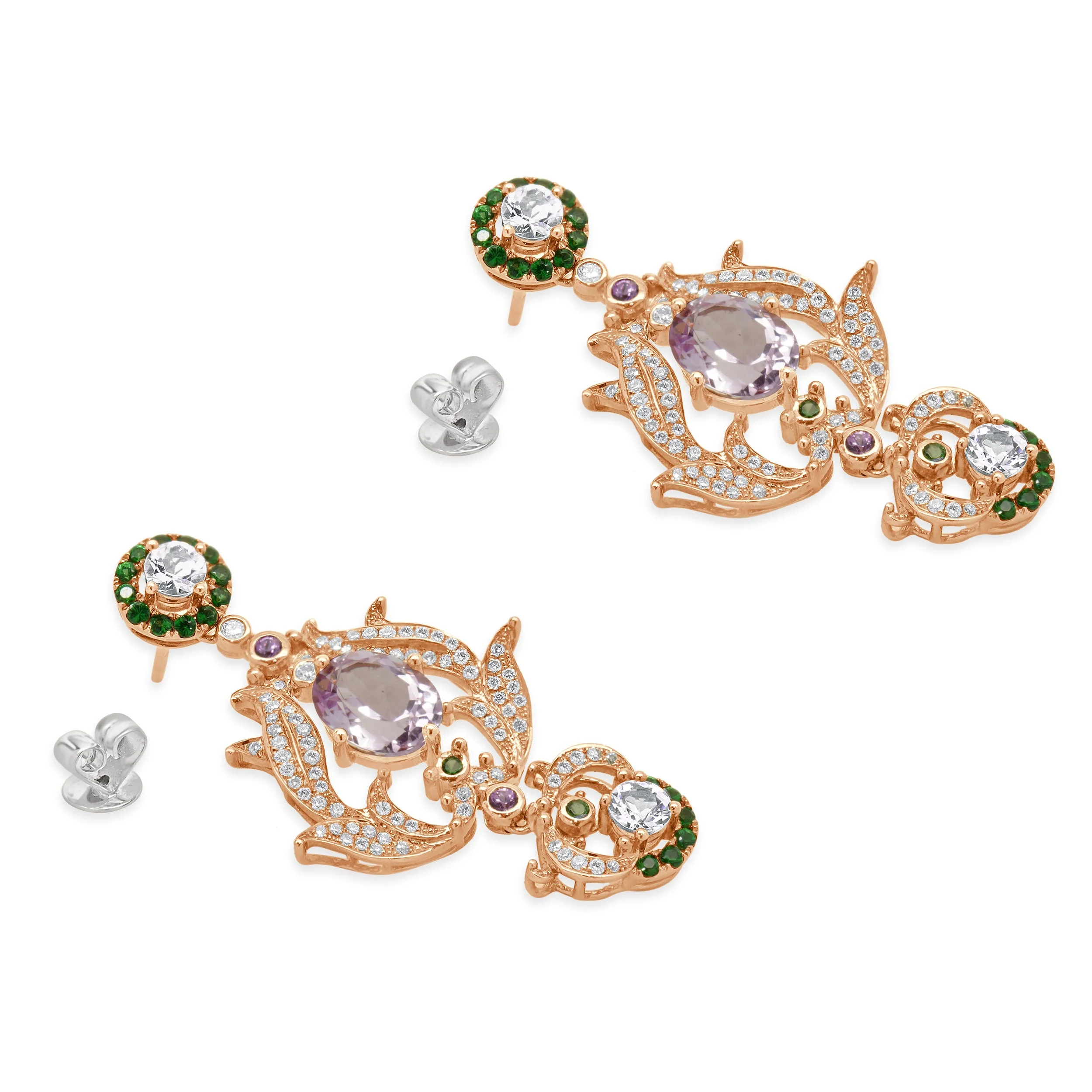 18 Karat Rose Gold Diamond, Kunzite, and Morganite Vintage Floral Style Earrings - Image 3