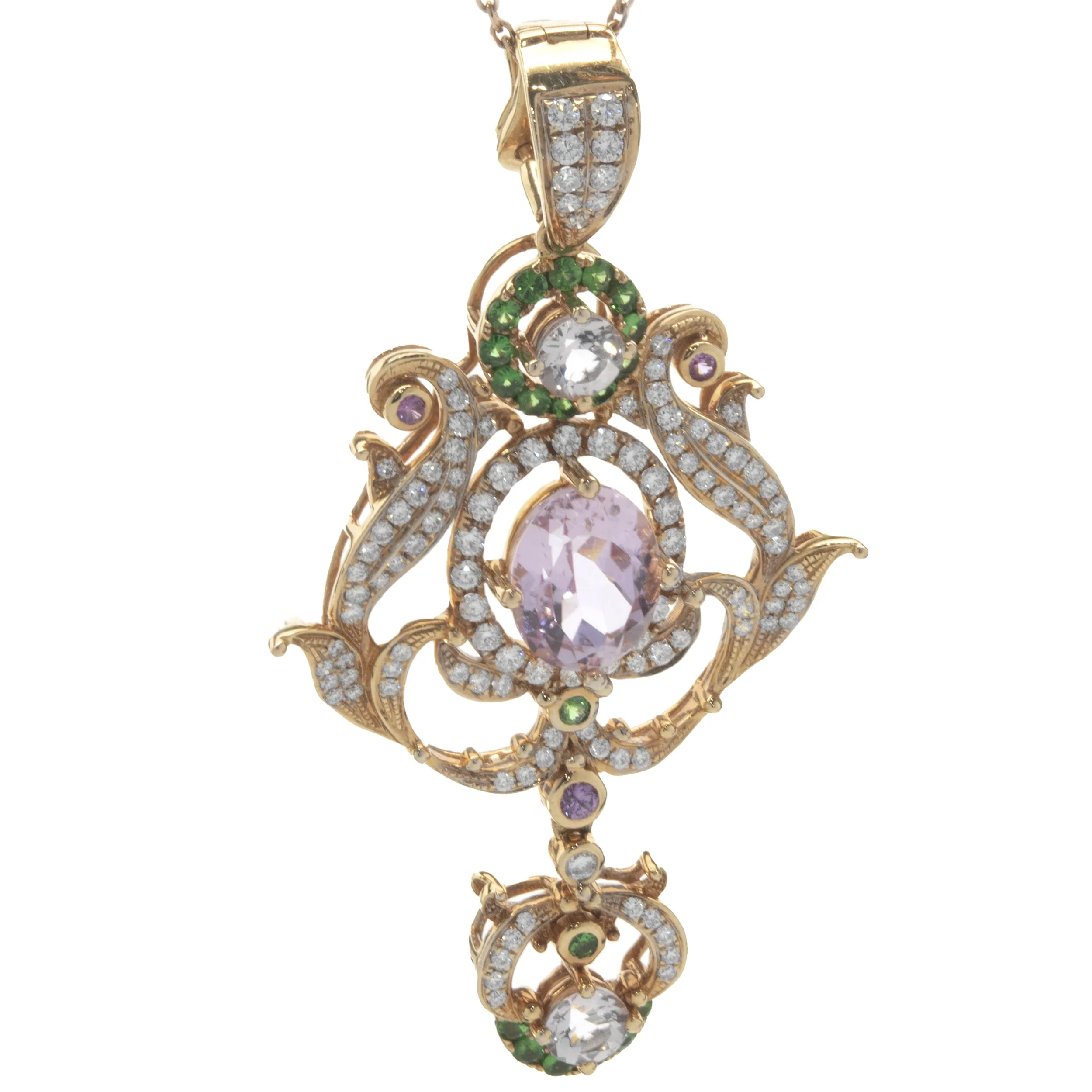 18 Karat Rose Gold Kunzite, Diamond, and Tsavorite Drop Pendant - Image 2