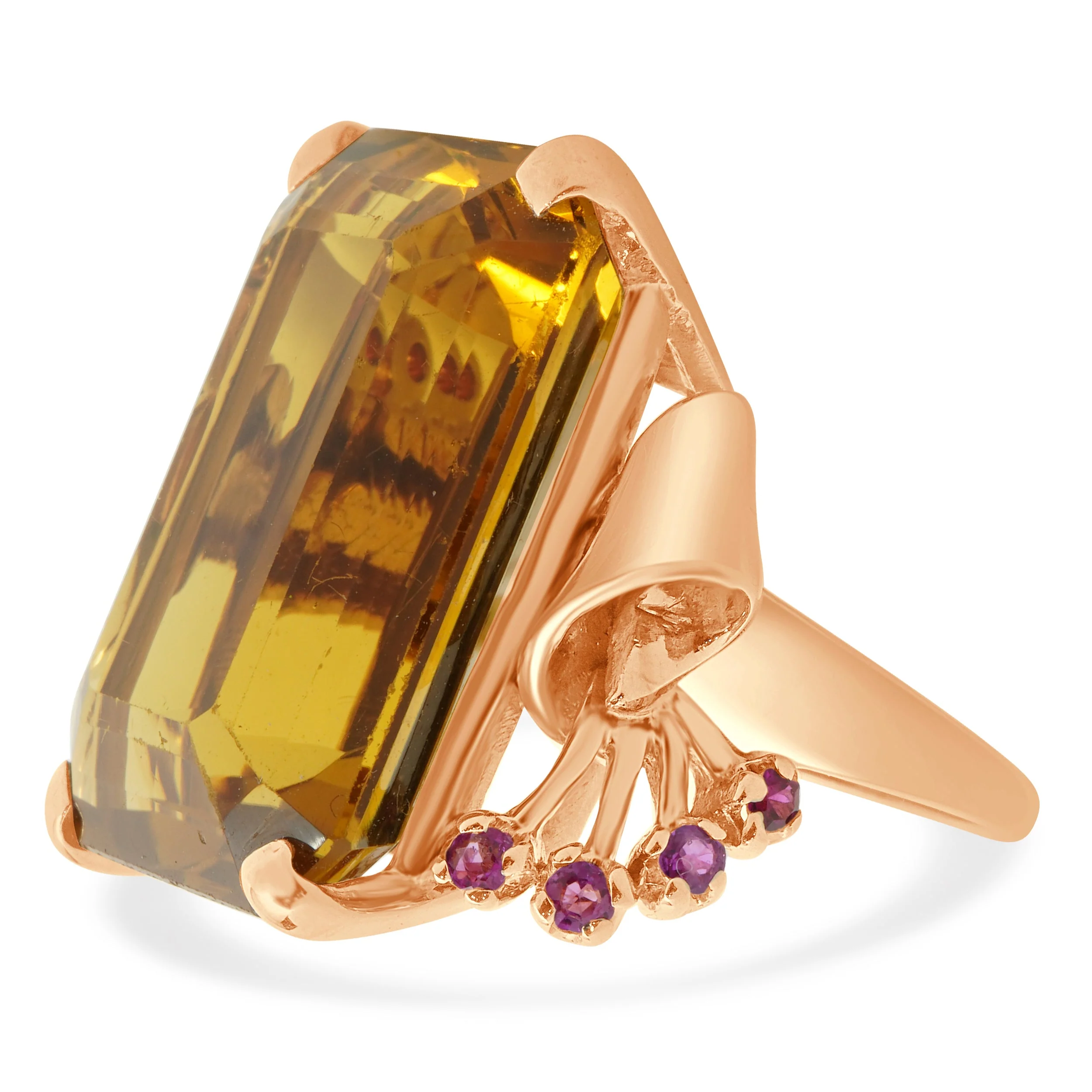 18 Karat Rose Gold Vintage Citrine and Ruby Retro Cocktail Ring - Image 2