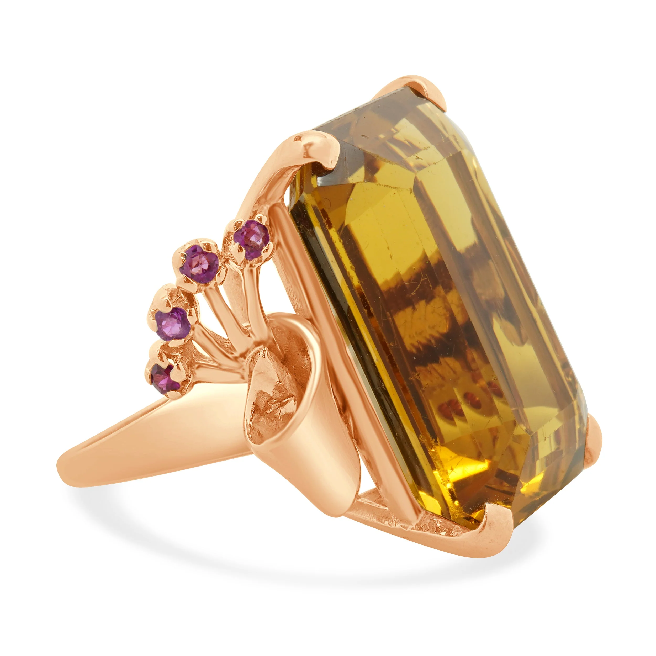 18 Karat Rose Gold Vintage Citrine and Ruby Retro Cocktail Ring - Image 3