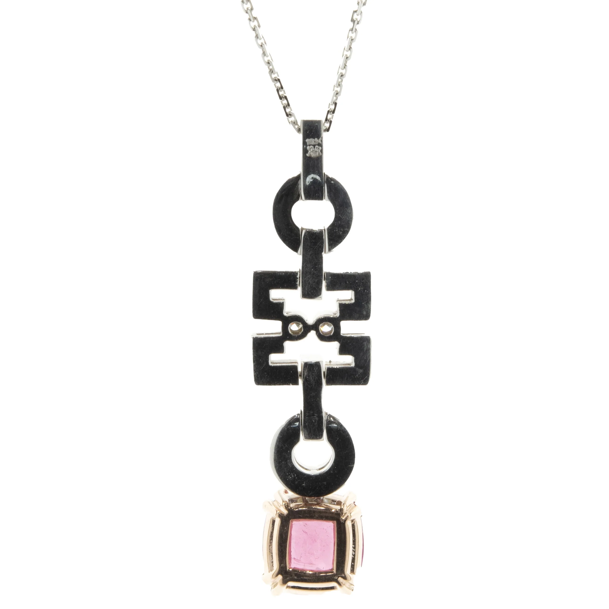 18 Karat White and Rose Gold Pink Tourmaline and Diamond Geometric Drop Necklace - Image 2
