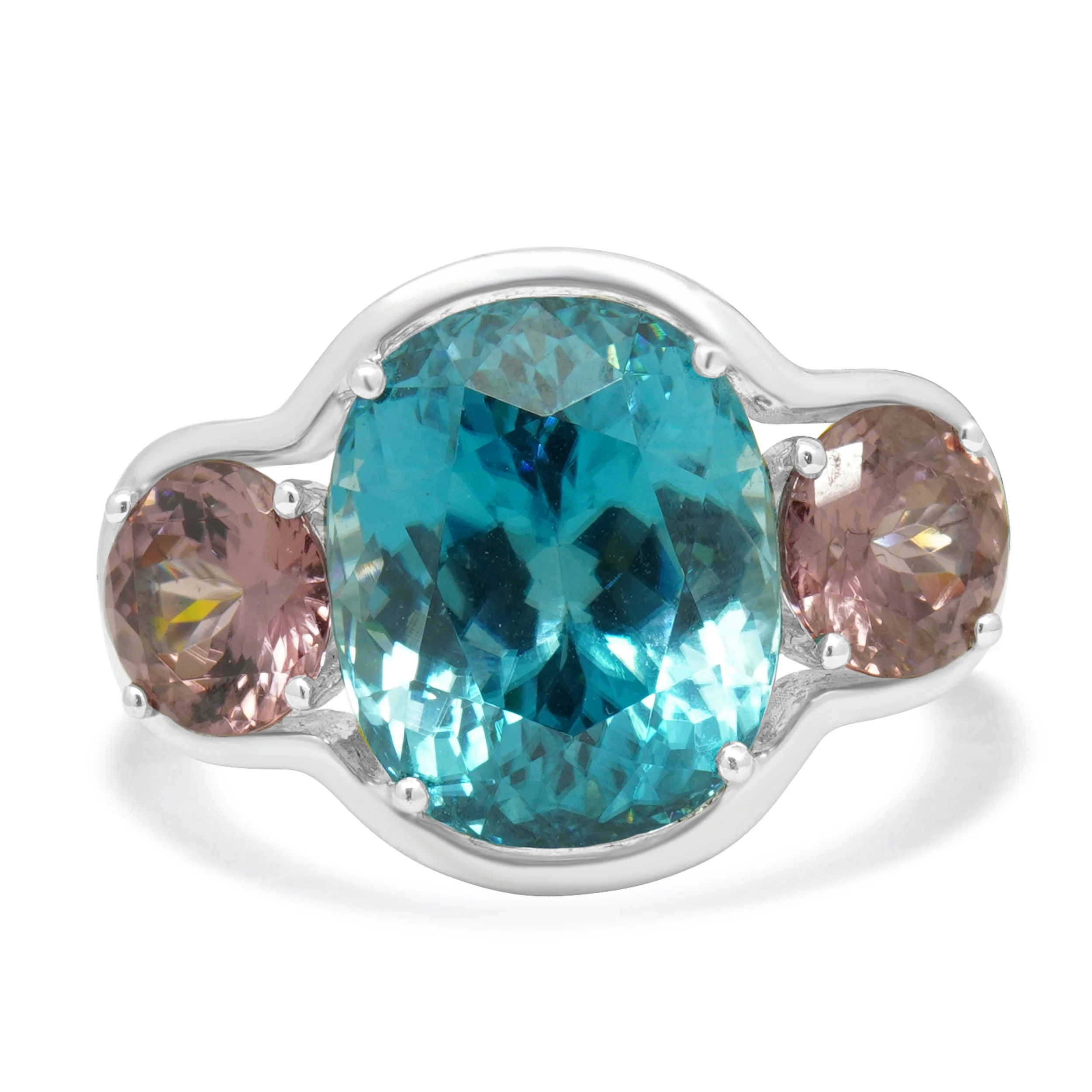 18 Karat White Gold 3 Stone Blue and Pink Zircon Ring