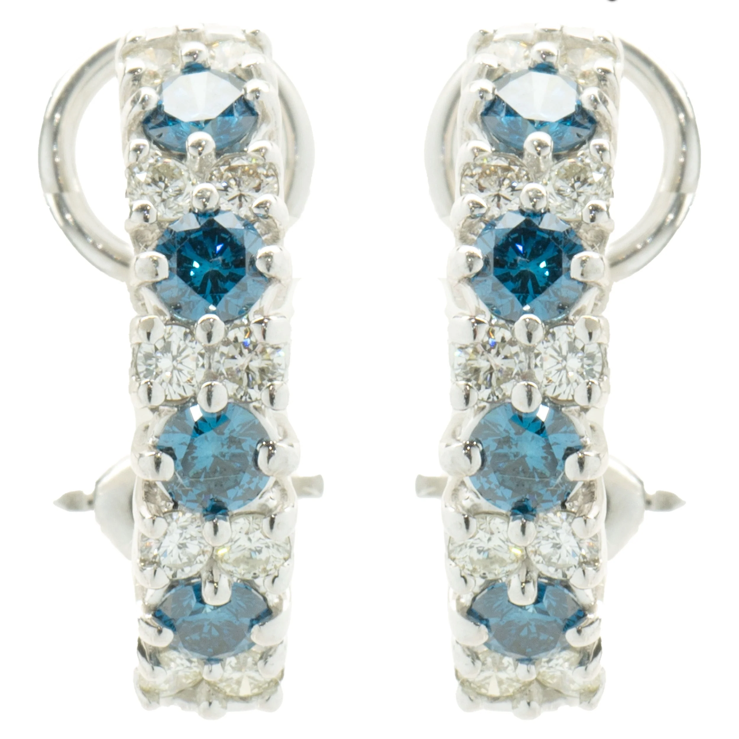 18 Karat White Gold Alternating Blue and White Diamond J Style Hoop Earrings