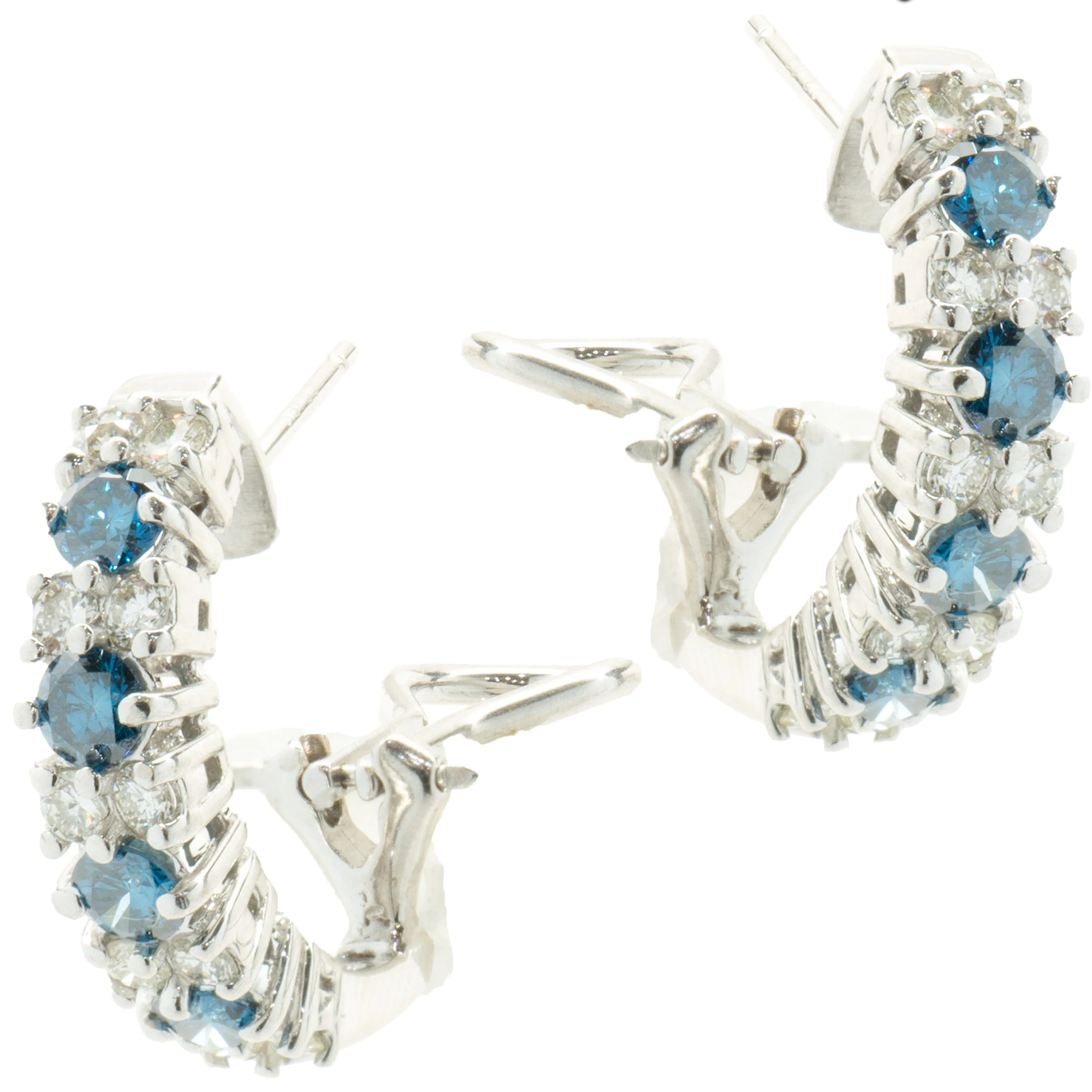 18 Karat White Gold Alternating Blue and White Diamond J Style Hoop Earrings - Image 2