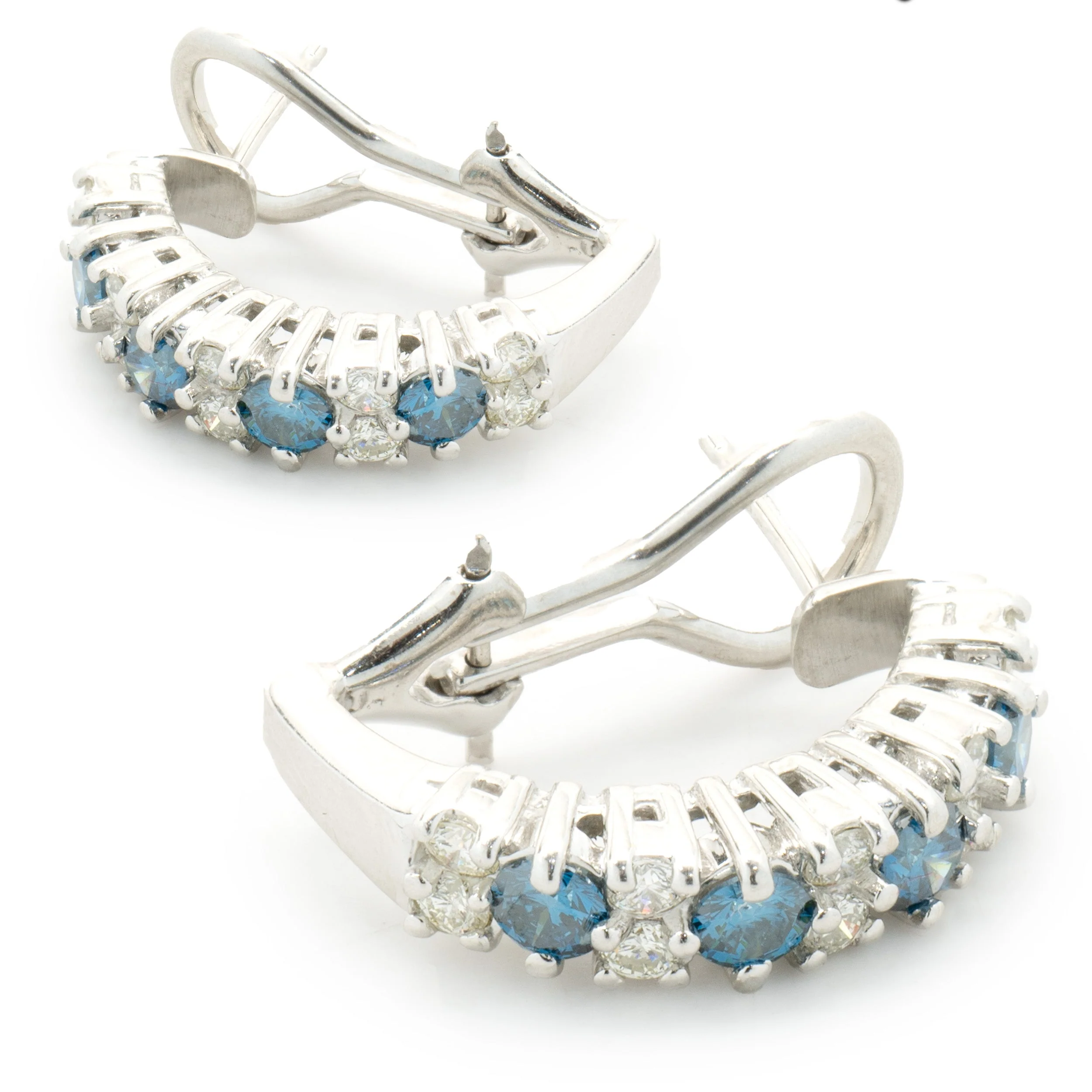 18 Karat White Gold Alternating Blue and White Diamond J Style Hoop Earrings - Image 3