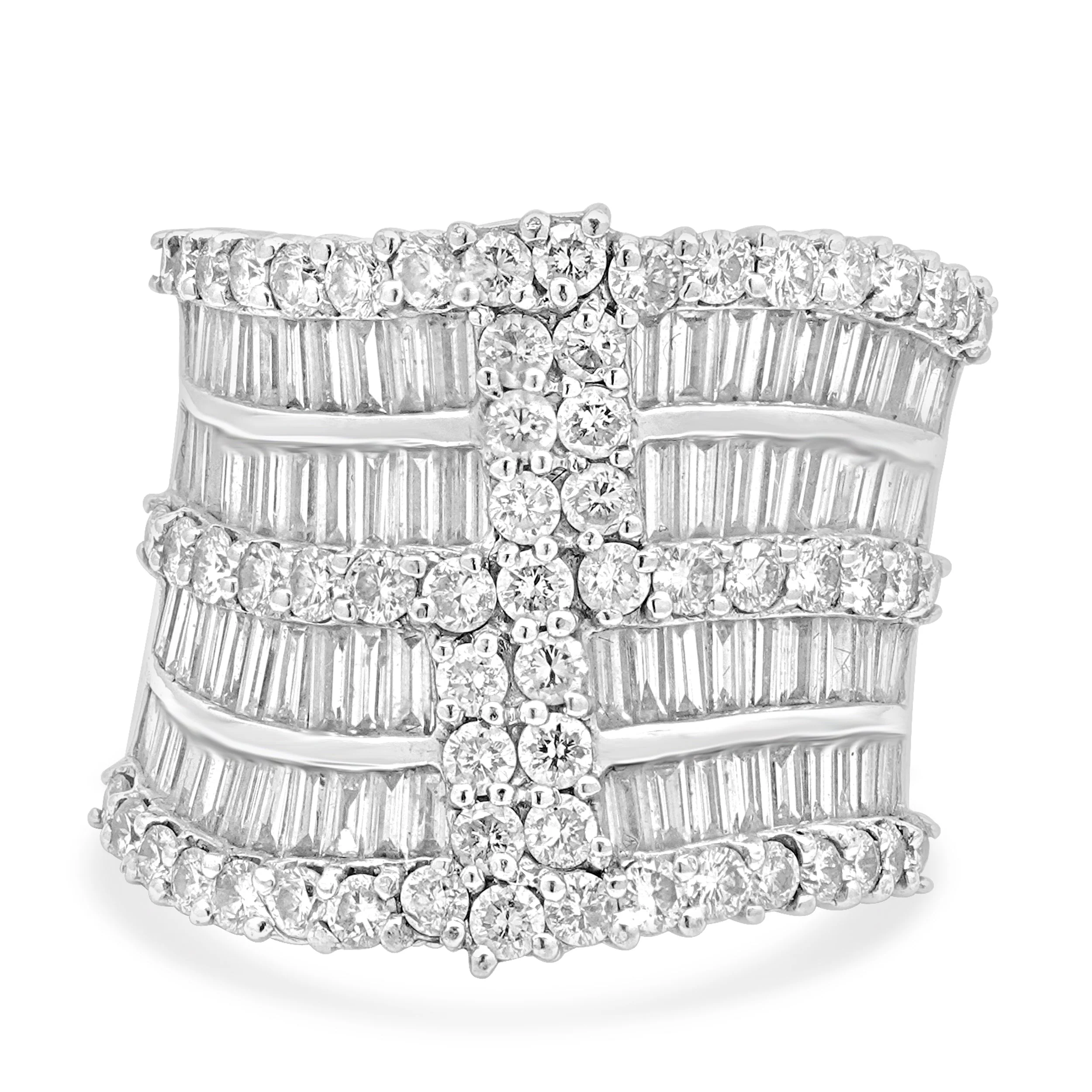 18 Karat White Gold Baguette Cut and Round Diamond Multi-Row Cigar Band