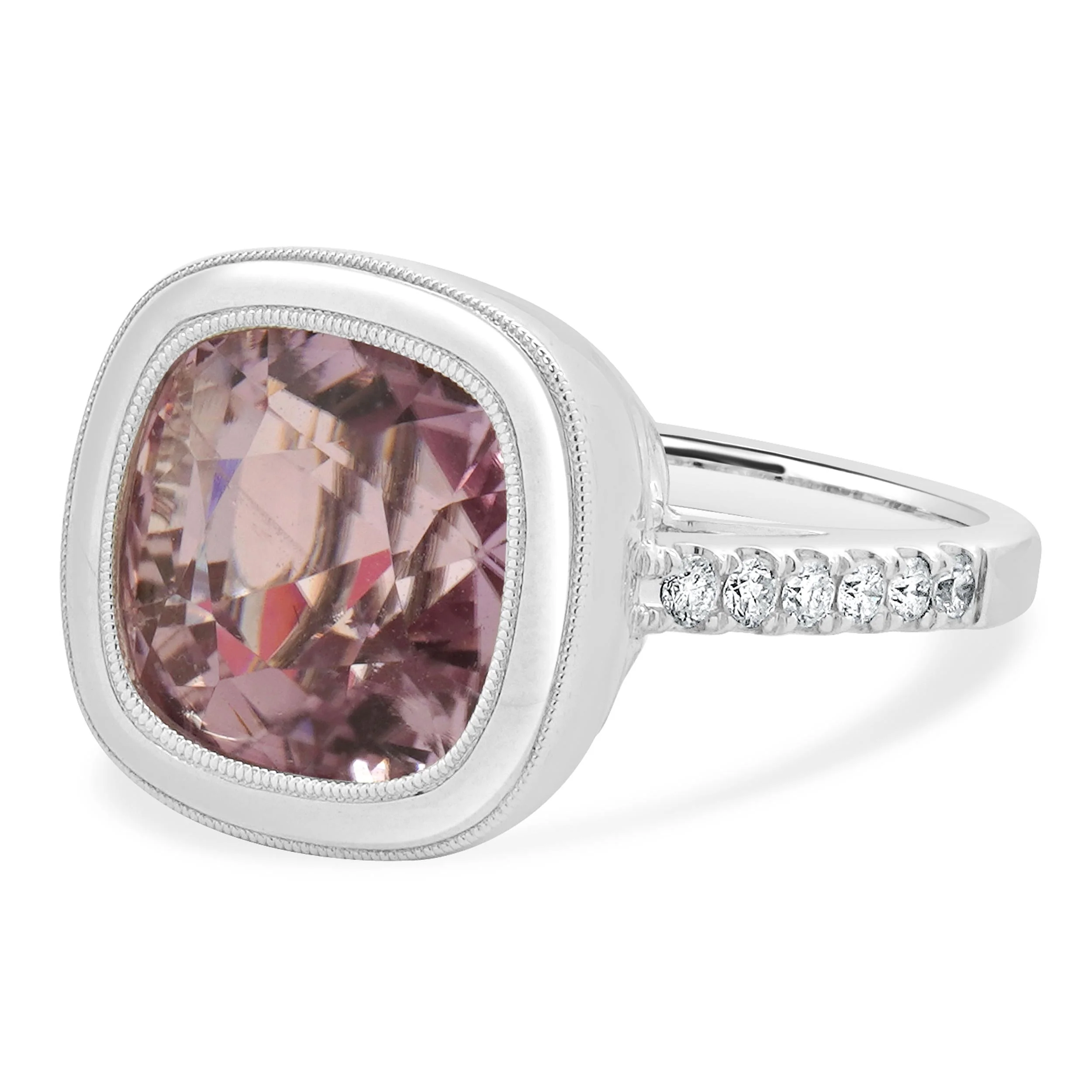 18 Karat White Gold Bezel Set Kunzite and Diamond Ring - Image 2