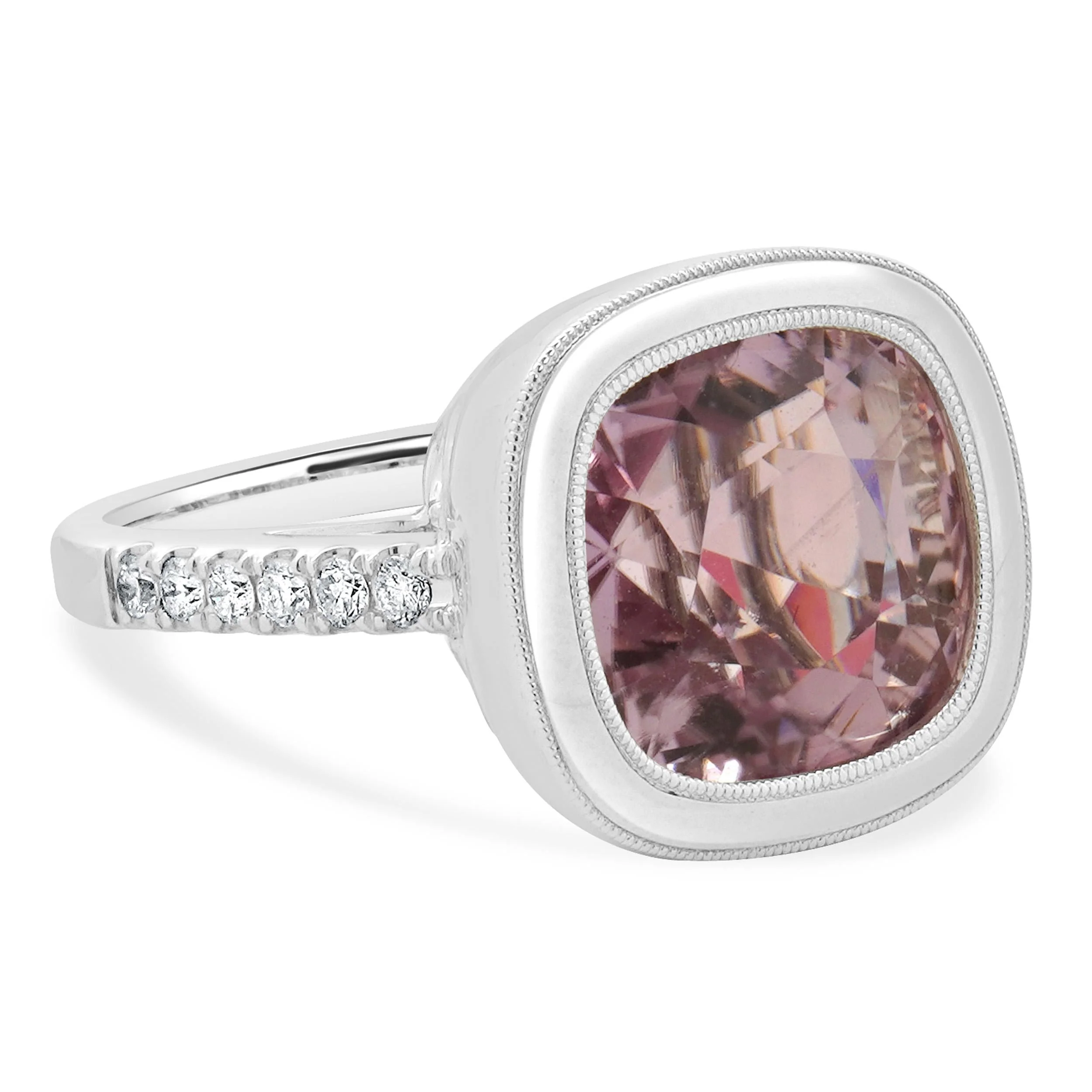 18 Karat White Gold Bezel Set Kunzite and Diamond Ring - Image 3