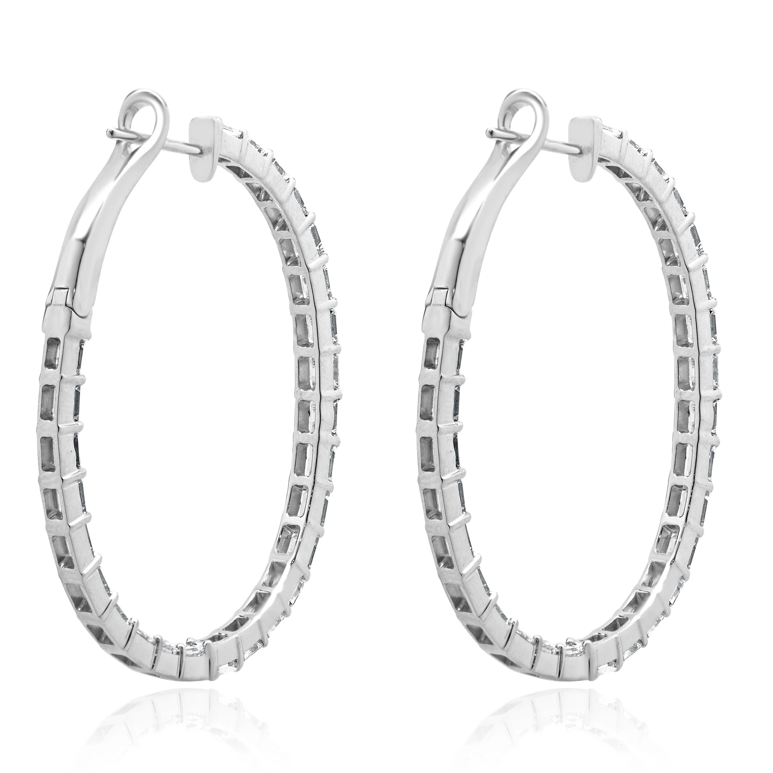 18 Karat White Gold Emerald Cut Diamond Hoop Earrings - Image 3