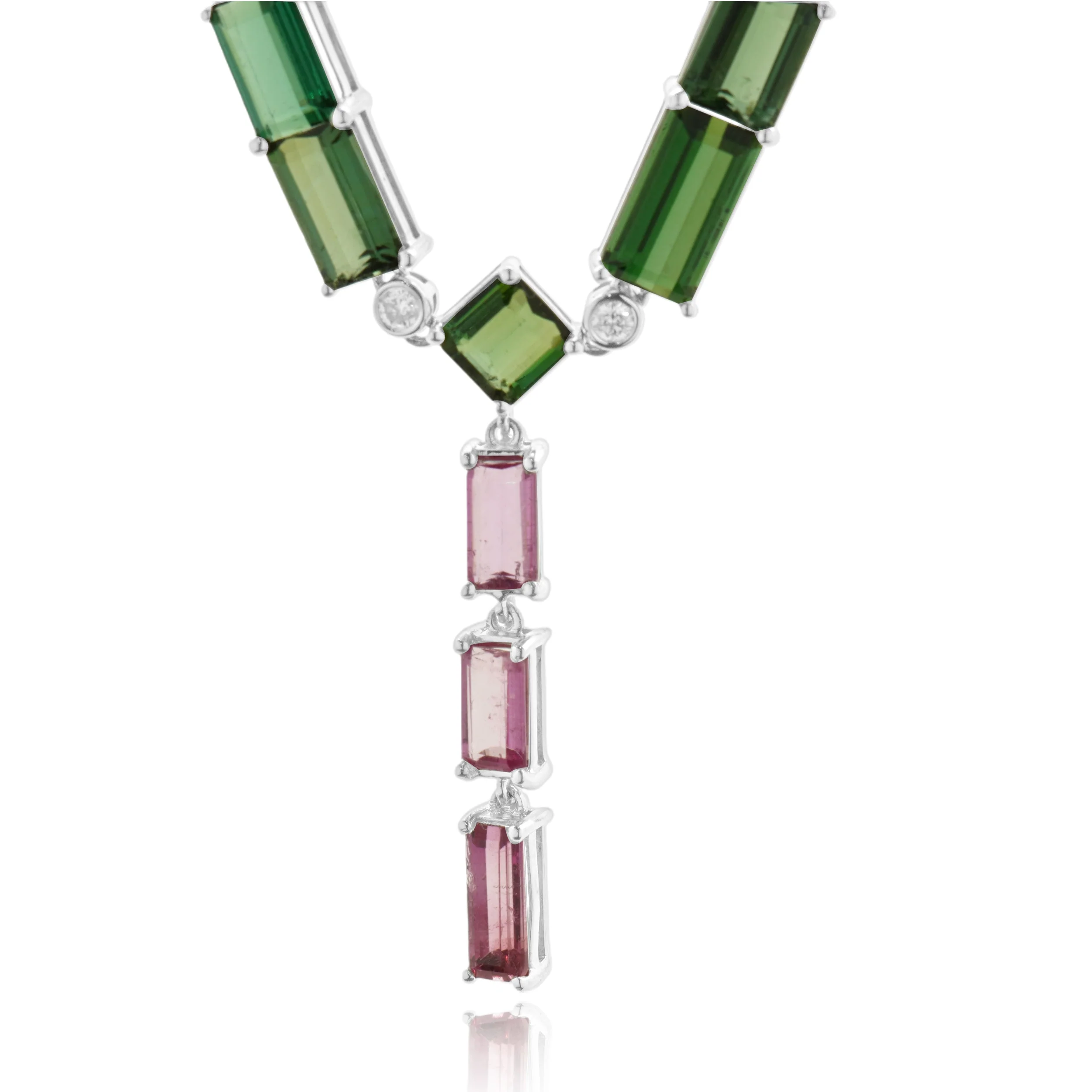 18 Karat White Gold Green & Pink Tourmaline and Diamond Lariat Necklace - Image 2