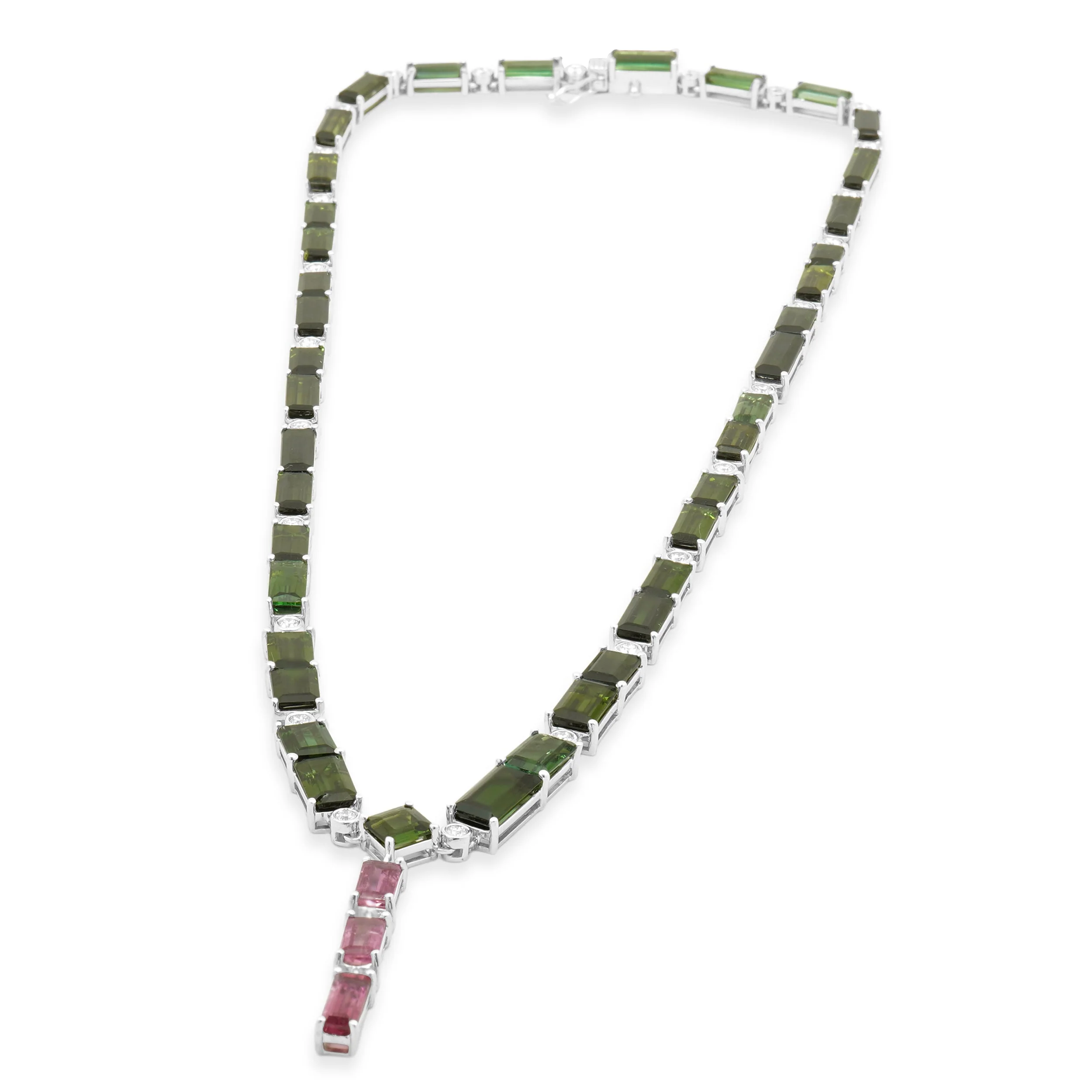 18 Karat White Gold Green & Pink Tourmaline and Diamond Lariat Necklace - Image 4
