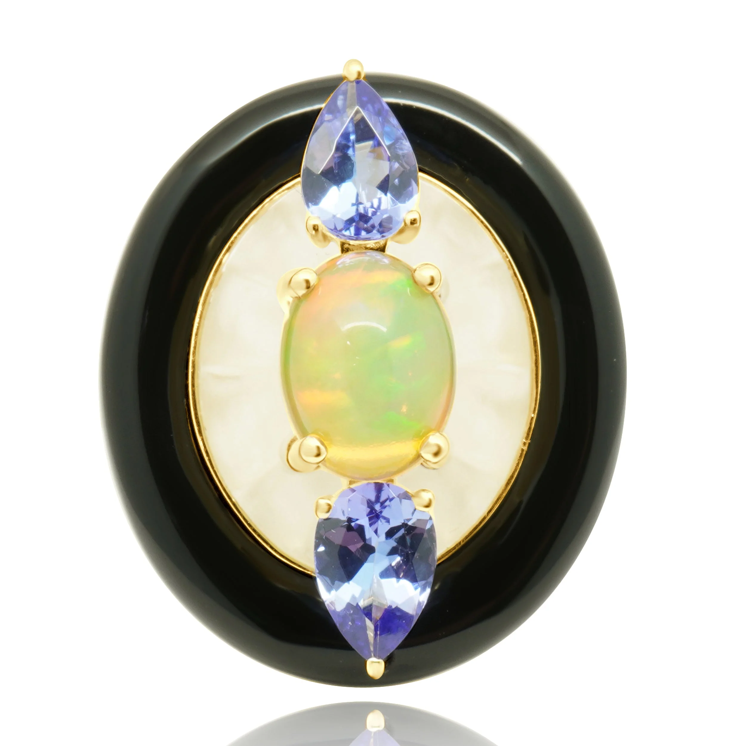 18 Karat White Gold Opal, Tanzanite, Crystal & Onyx Ring