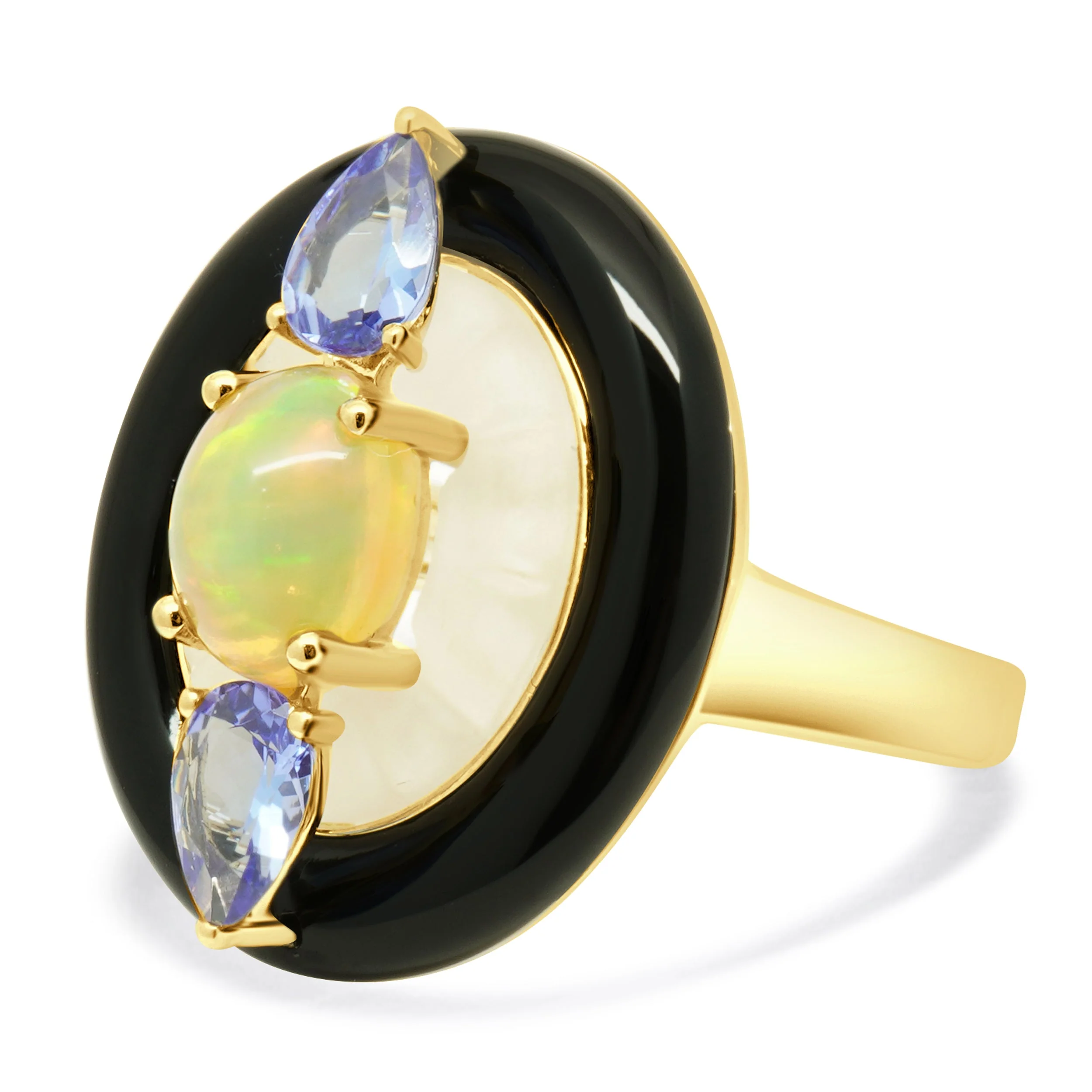 18 Karat White Gold Opal, Tanzanite, Crystal & Onyx Ring - Image 2