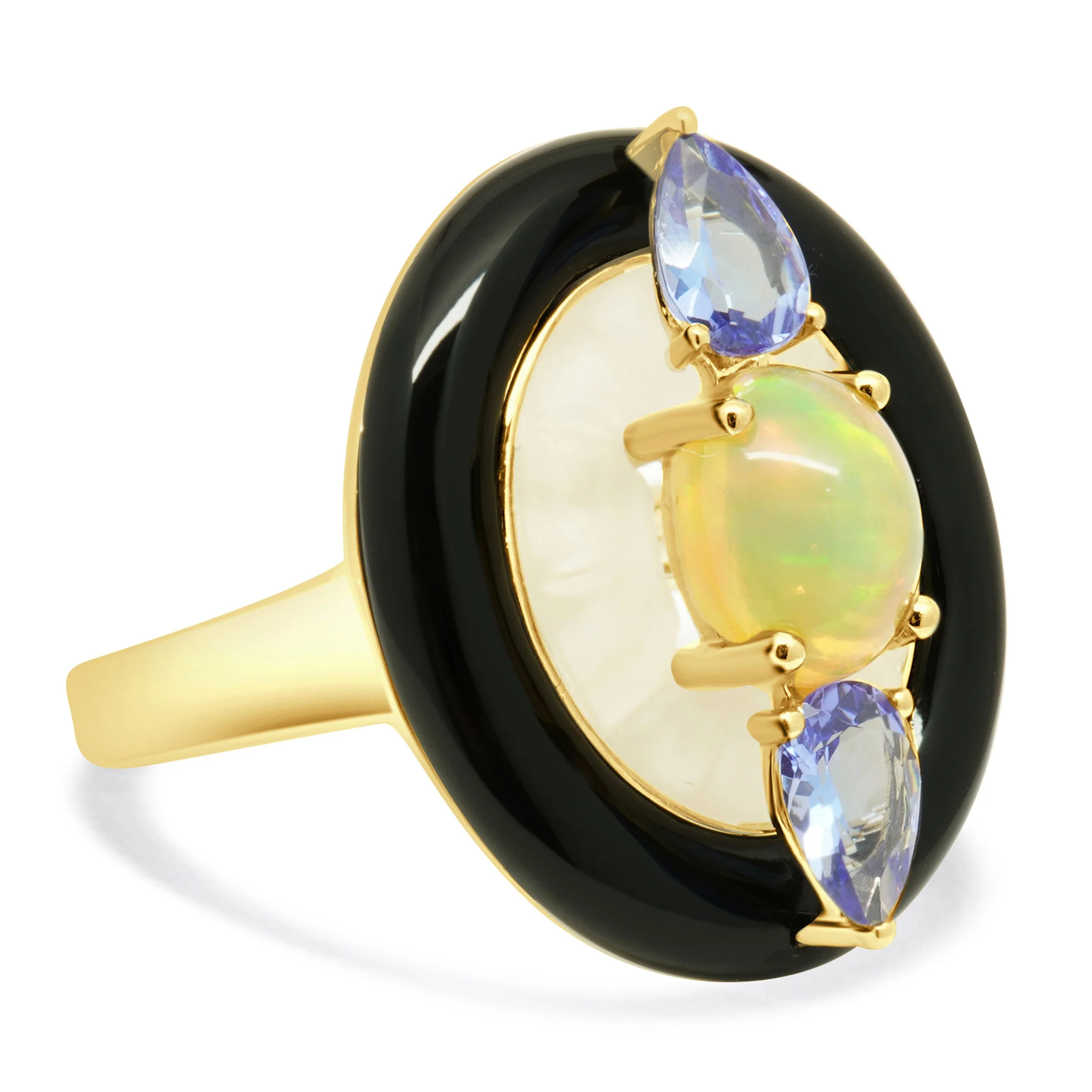 18 Karat White Gold Opal, Tanzanite, Crystal & Onyx Ring - Image 4