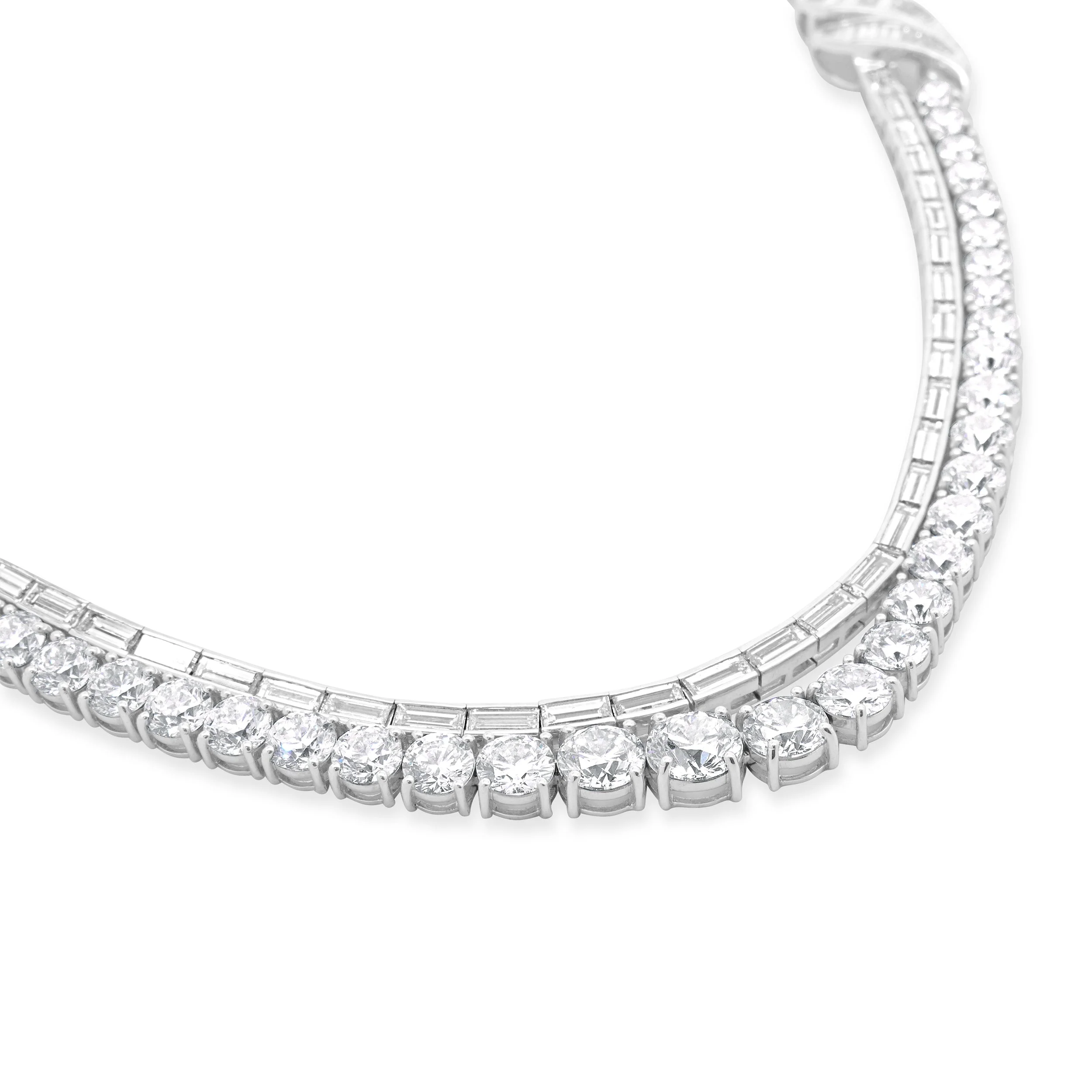 18 Karat White Gold Ornate Round and Emerald Cut Double Row Diamond Necklace - Image 4