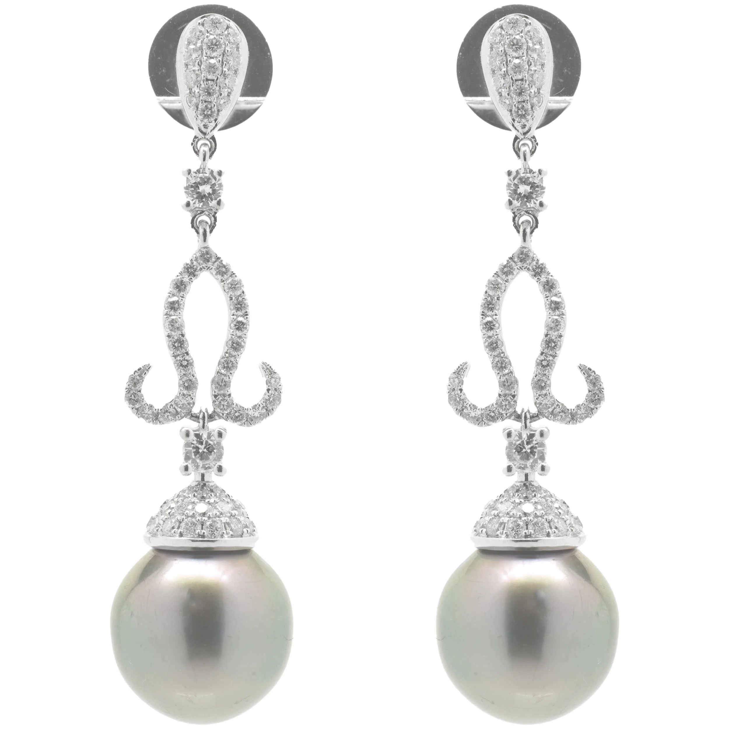 18 Karat White Gold Ornate Tahitian Pearl Drop Earrings