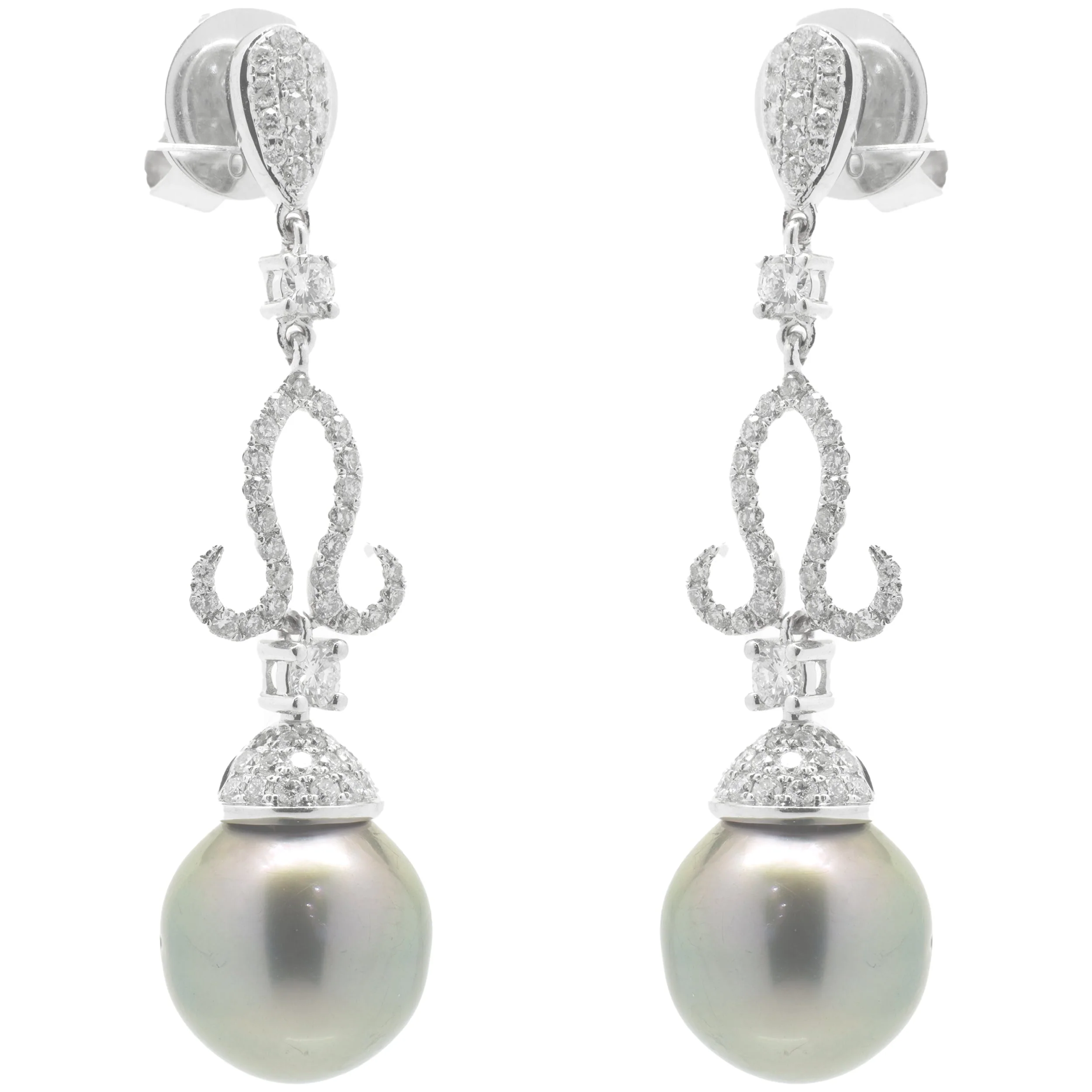 18 Karat White Gold Ornate Tahitian Pearl Drop Earrings - Image 2