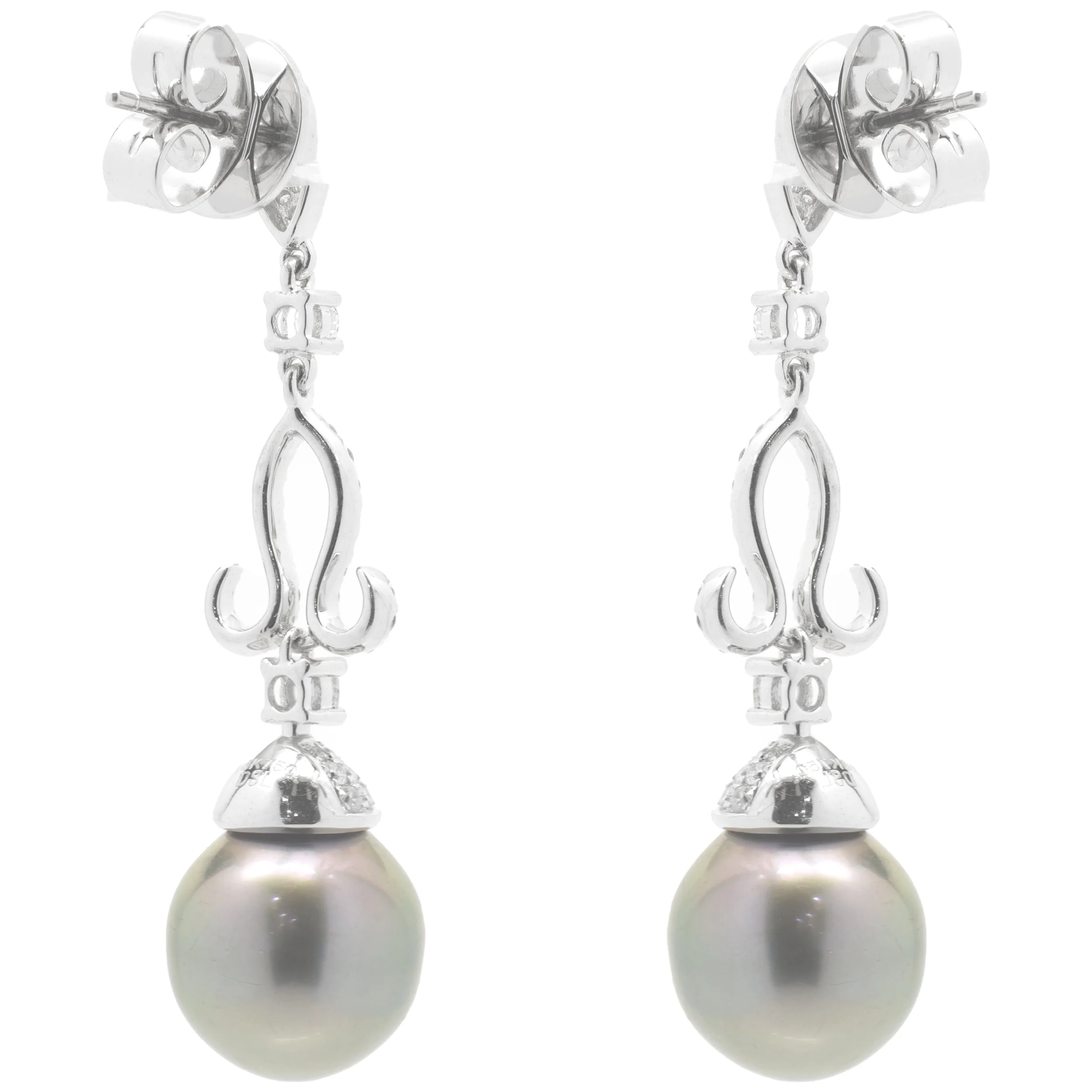 18 Karat White Gold Ornate Tahitian Pearl Drop Earrings - Image 3
