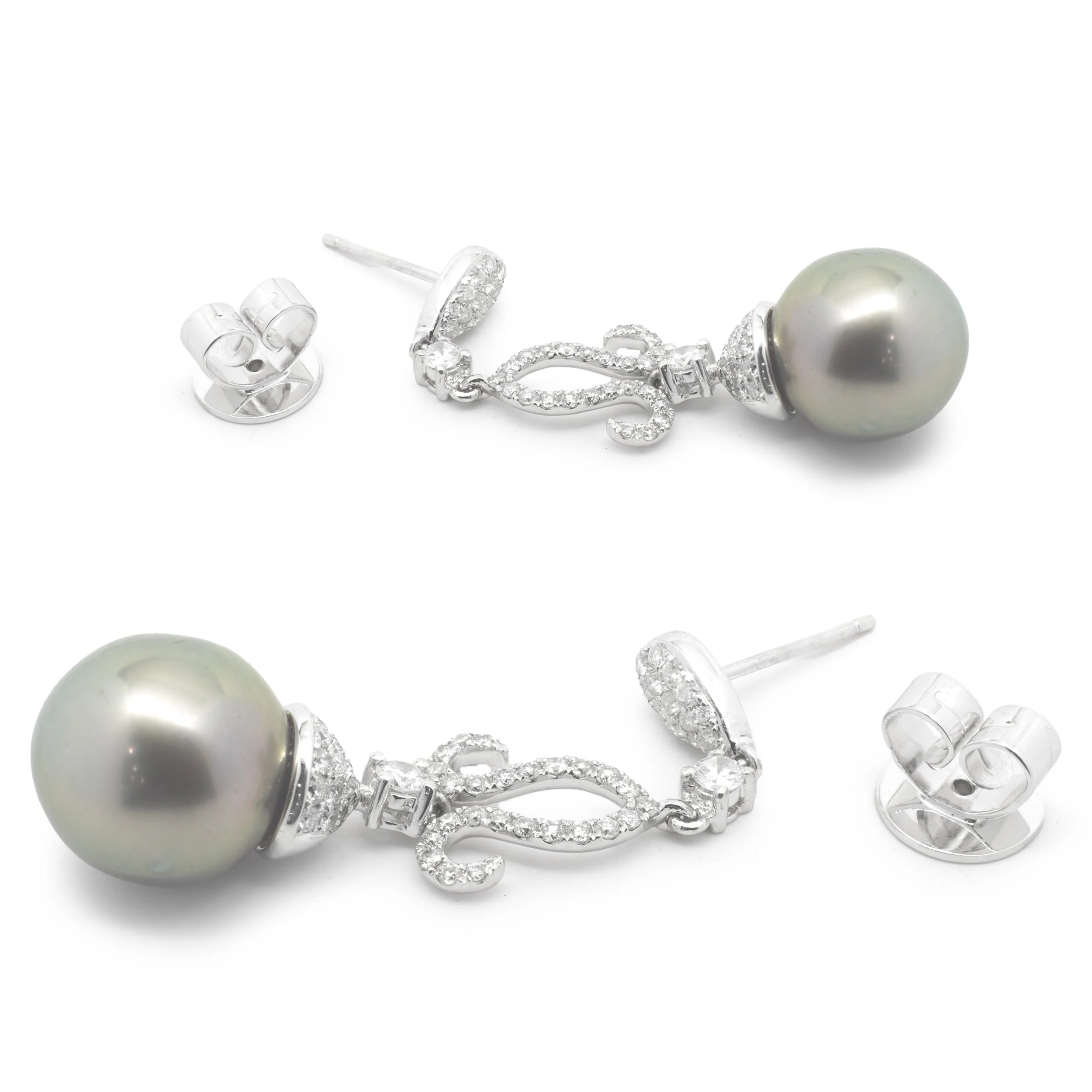 18 Karat White Gold Ornate Tahitian Pearl Drop Earrings - Image 4