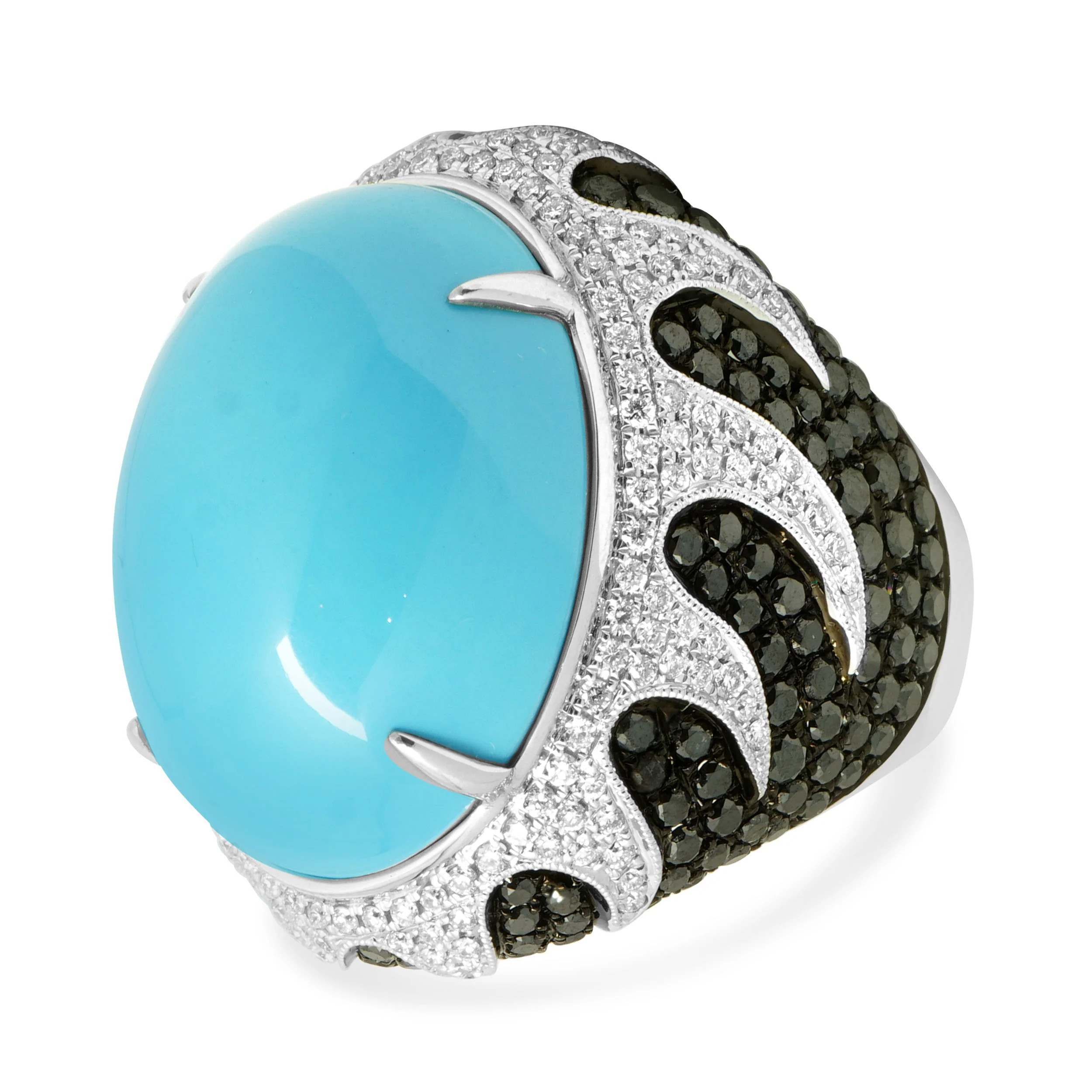 18 Karat White Gold Oval Cabochon Cut Turquoise, Black, and White Diamond Flame Ring - Image 2