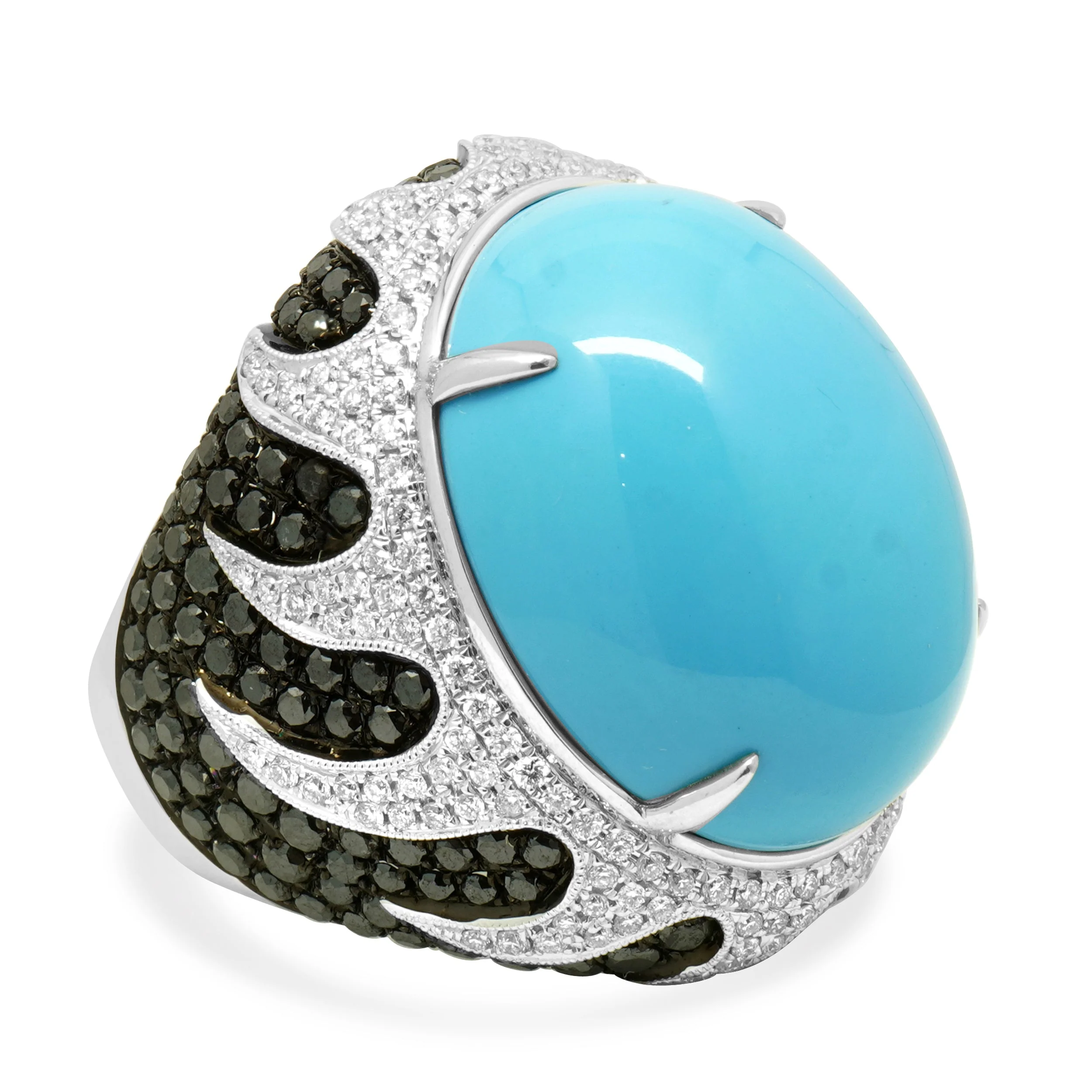 18 Karat White Gold Oval Cabochon Cut Turquoise, Black, and White Diamond Flame Ring - Image 3