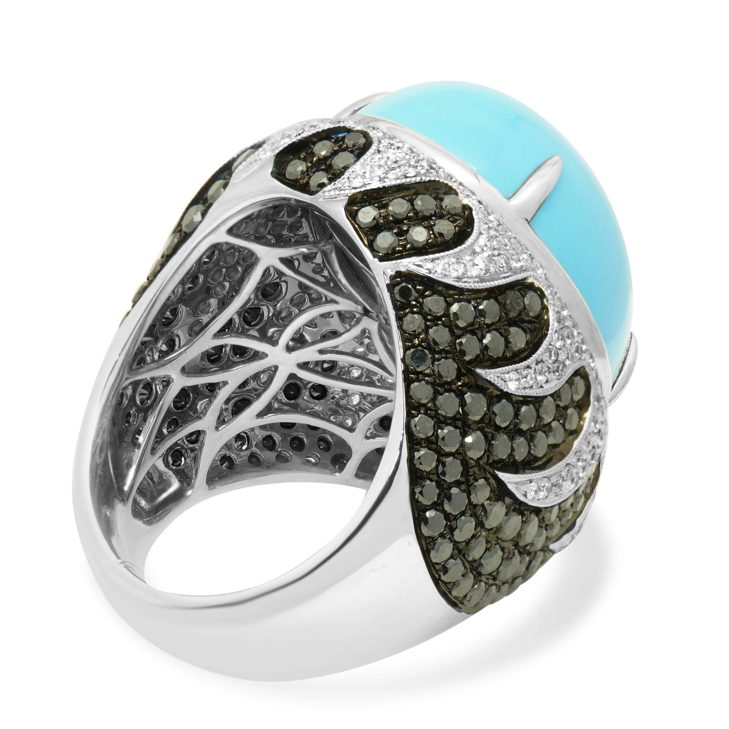 18 Karat White Gold Oval Cabochon Cut Turquoise, Black, and White Diamond Flame Ring - Image 4