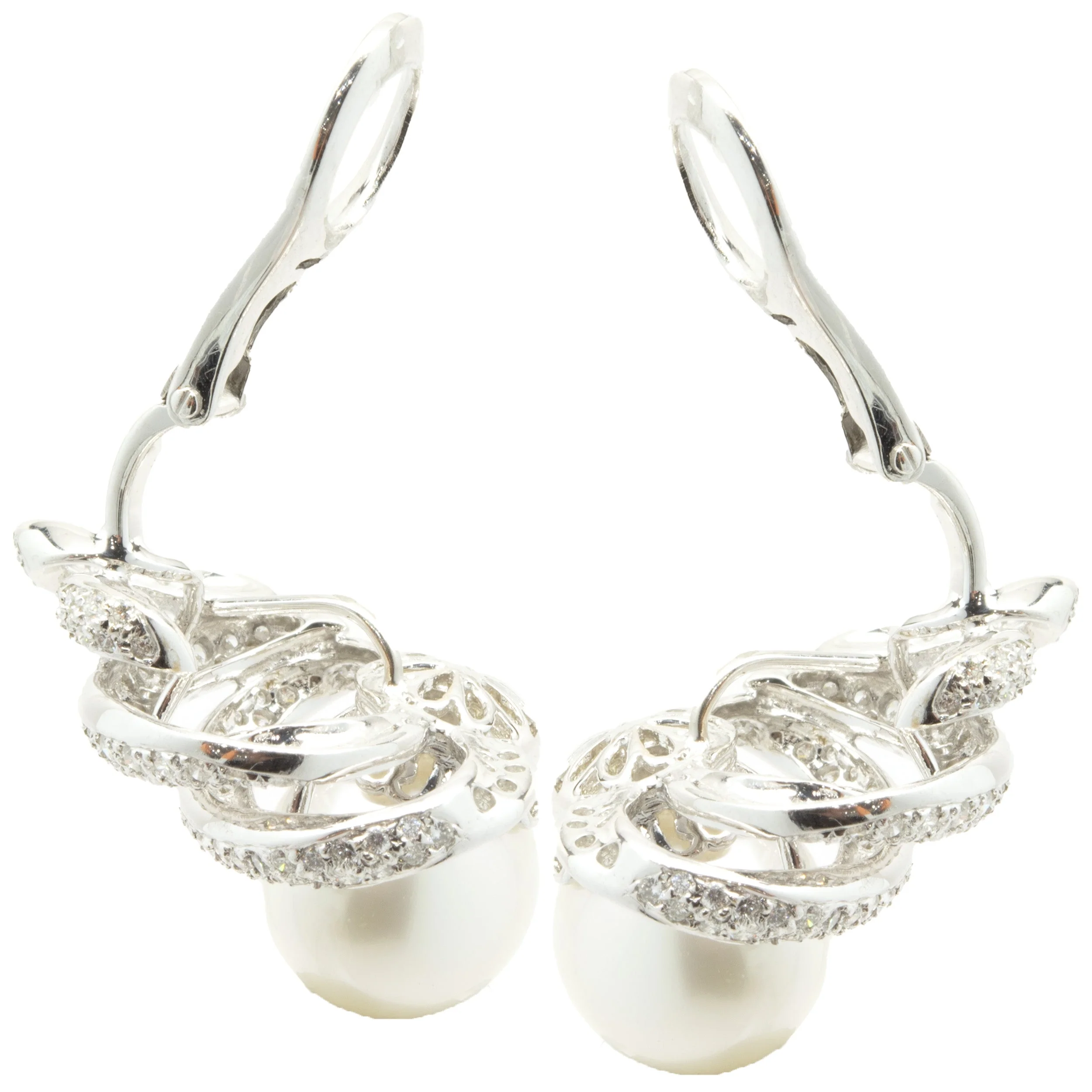 18 Karat White Gold Pave Diamond and South Sea Pearl Swirl Earrings - Image 4