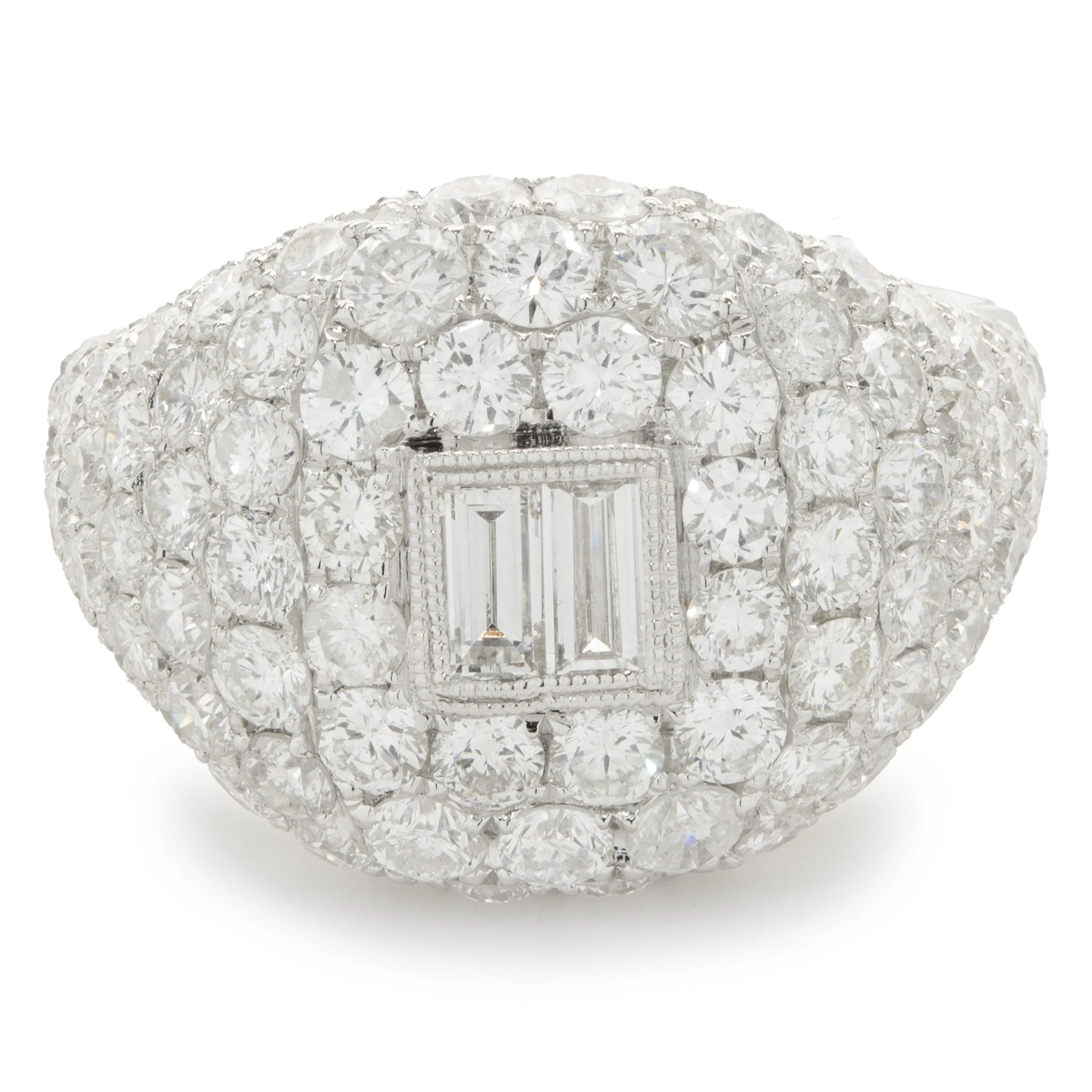 18 Karat White Gold Pave Diamond Signet Ring with Baguette Diamond Center