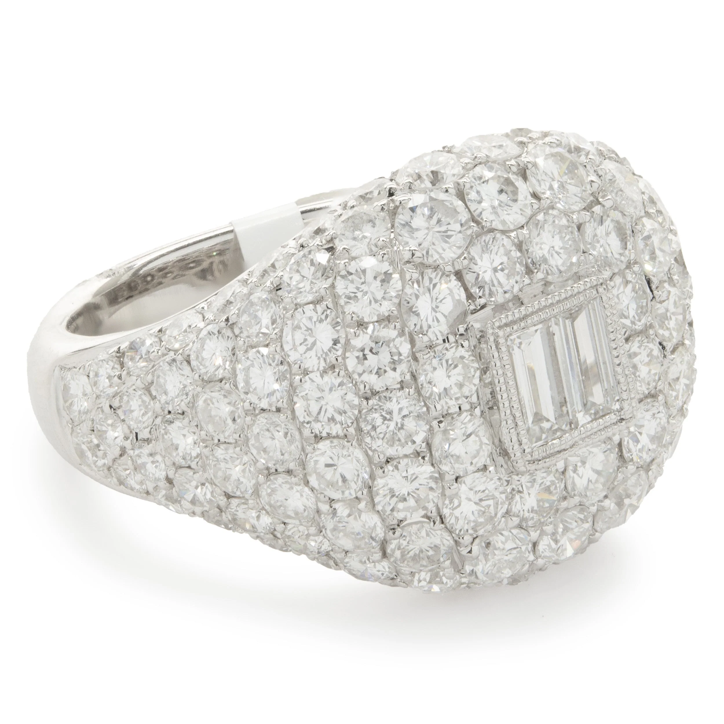 18 Karat White Gold Pave Diamond Signet Ring with Baguette Diamond Center - Image 2