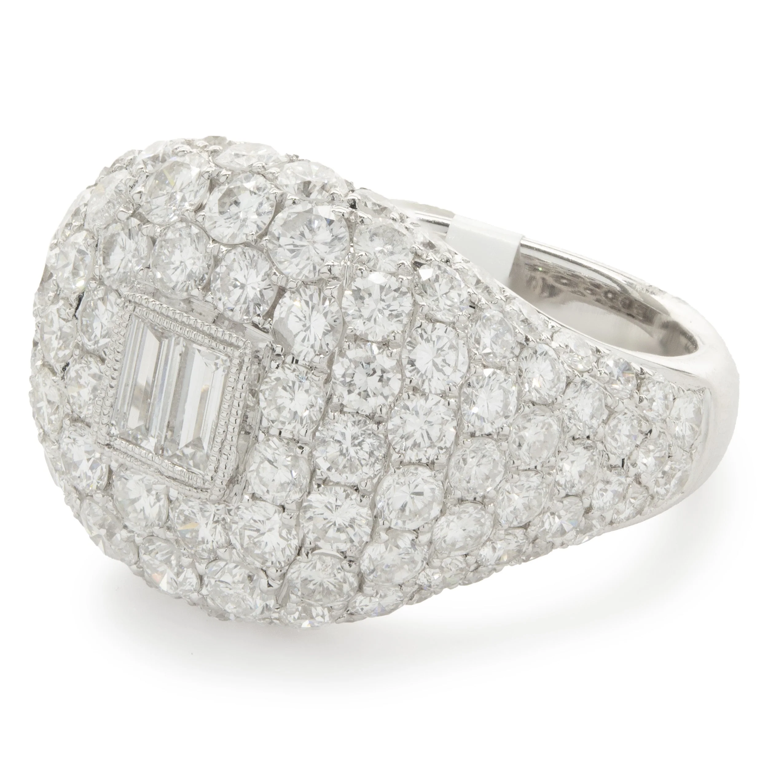 18 Karat White Gold Pave Diamond Signet Ring with Baguette Diamond Center - Image 4