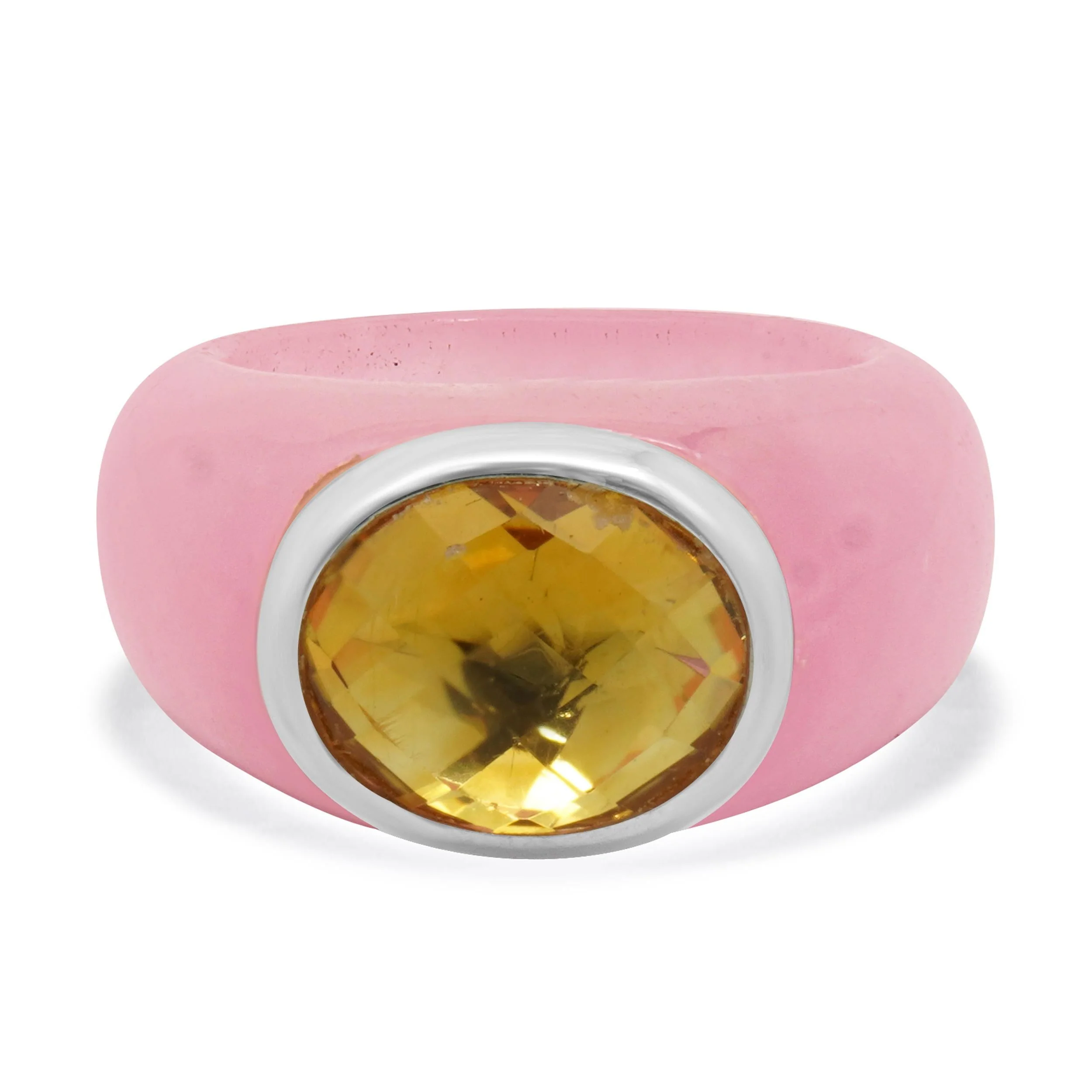 18 Karat White Gold Pink Jadeite and Citrine Ring
