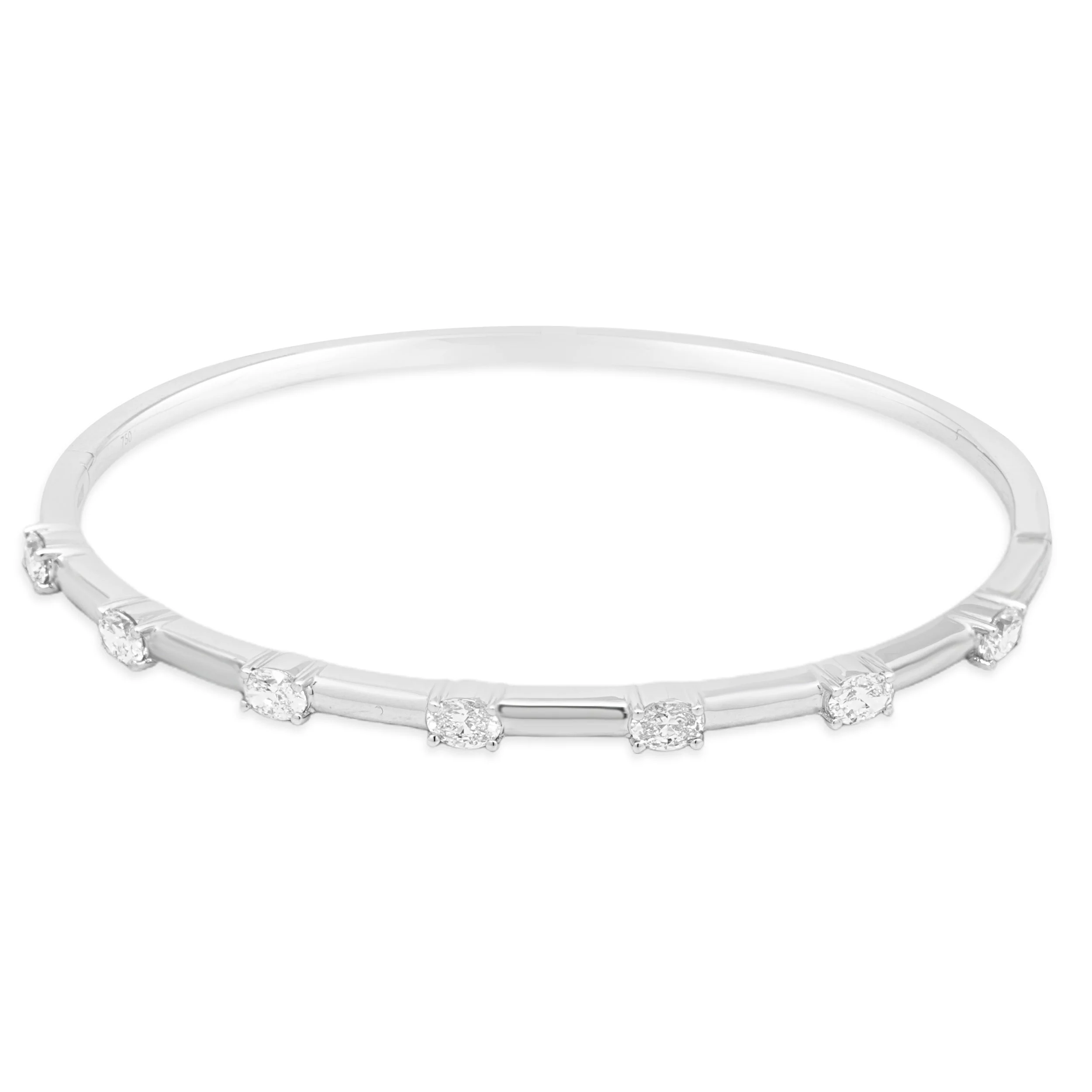 18 Karat White Gold Prong Set Oval Diamond Station Bangle Bracelet 6.5"