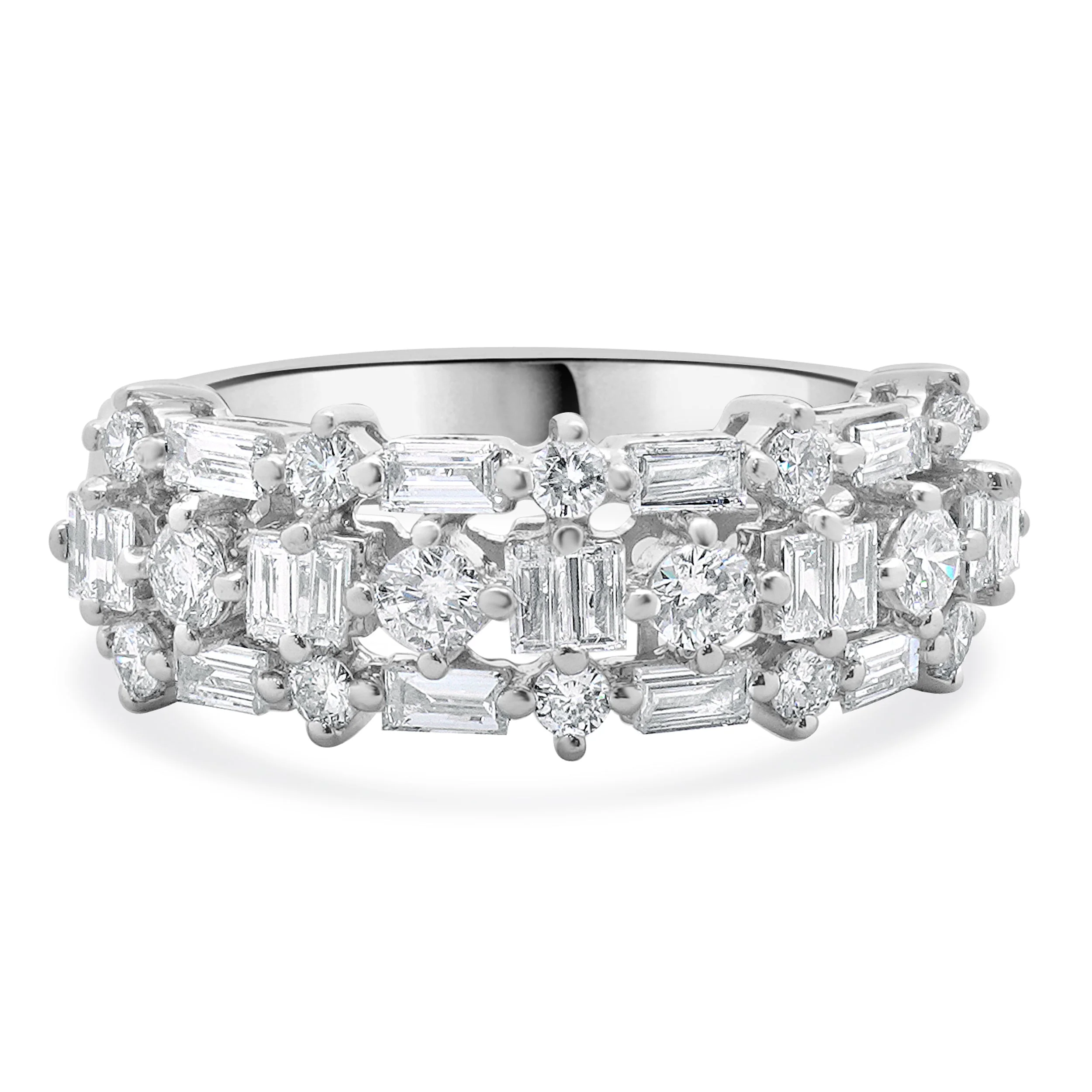 18 Karat White Gold Round and Baguette Diamond Three Row Band
