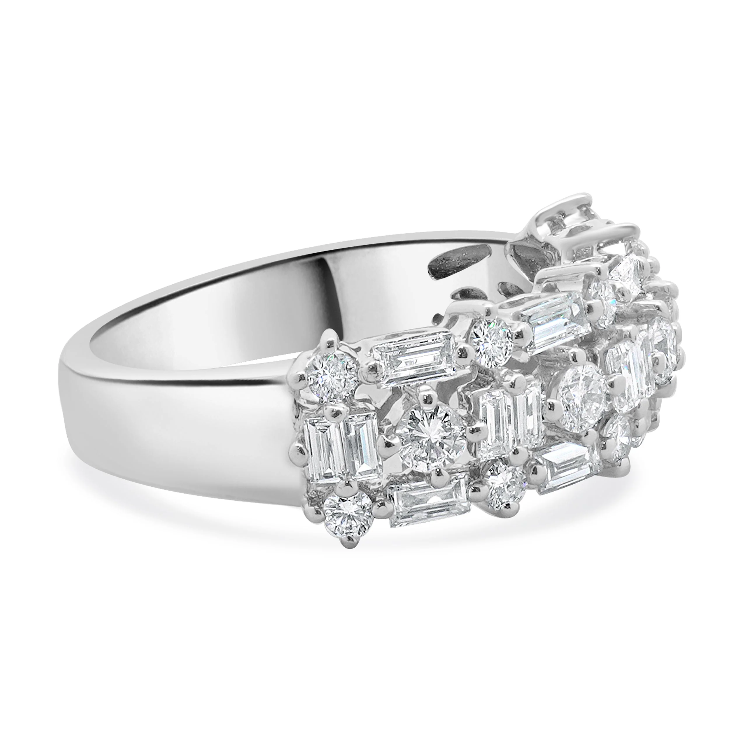 18 Karat White Gold Round and Baguette Diamond Three Row Band - Image 3