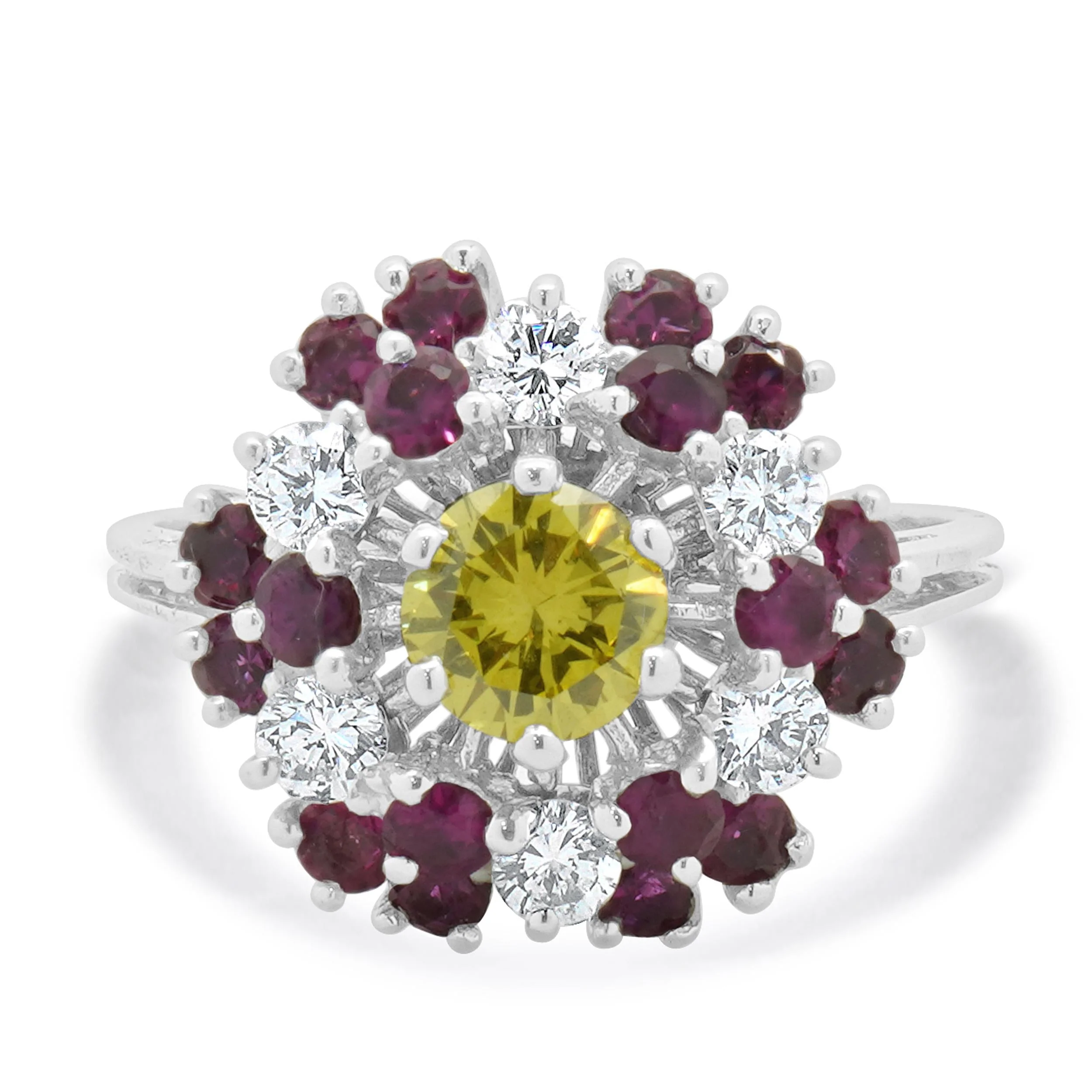 18 Karat White Gold Ruby and Diamond Sunflower Ring