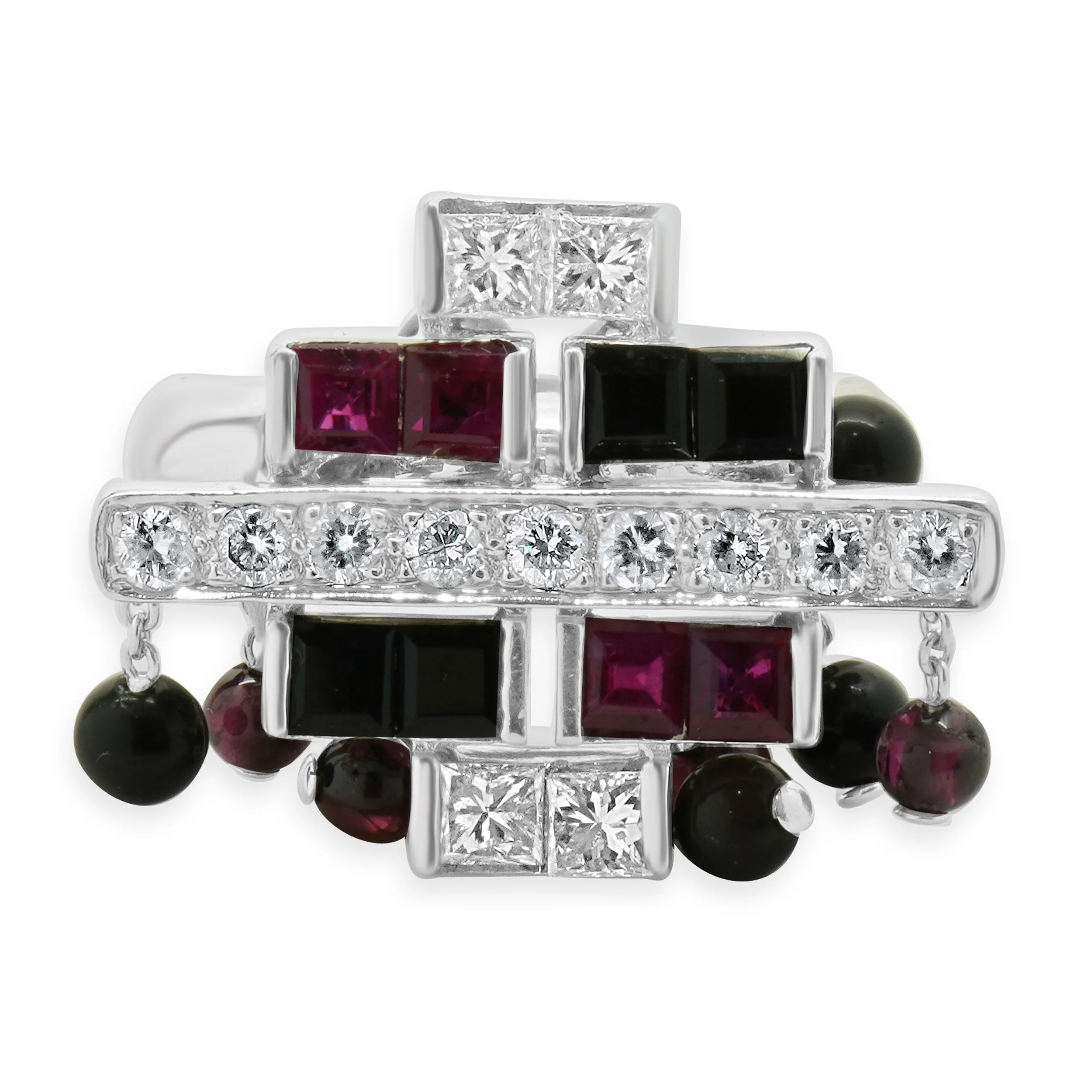 18 Karat White Gold Ruby, Diamond, and Onyx Dangle Ring