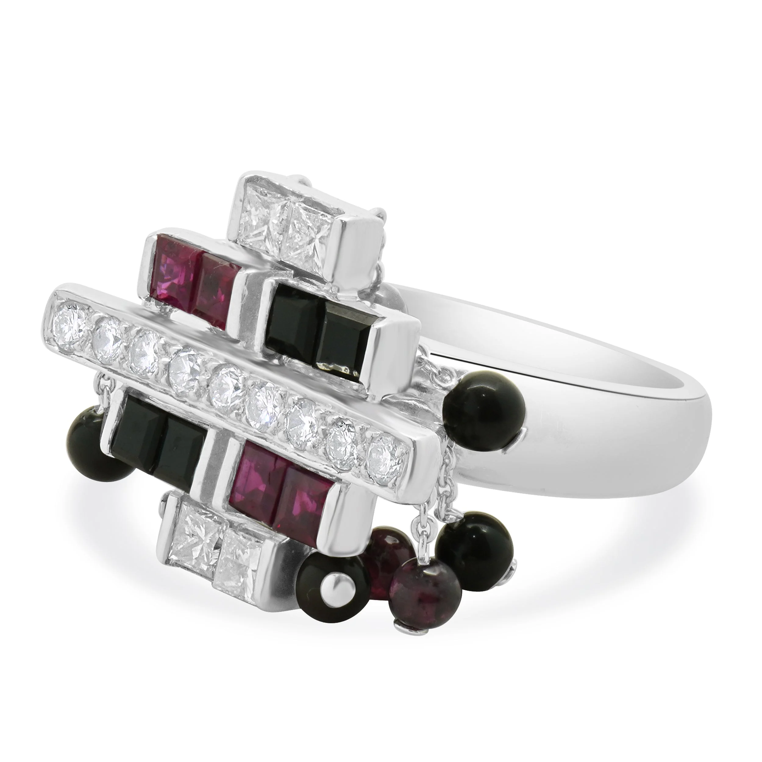 18 Karat White Gold Ruby, Diamond, and Onyx Dangle Ring - Image 2