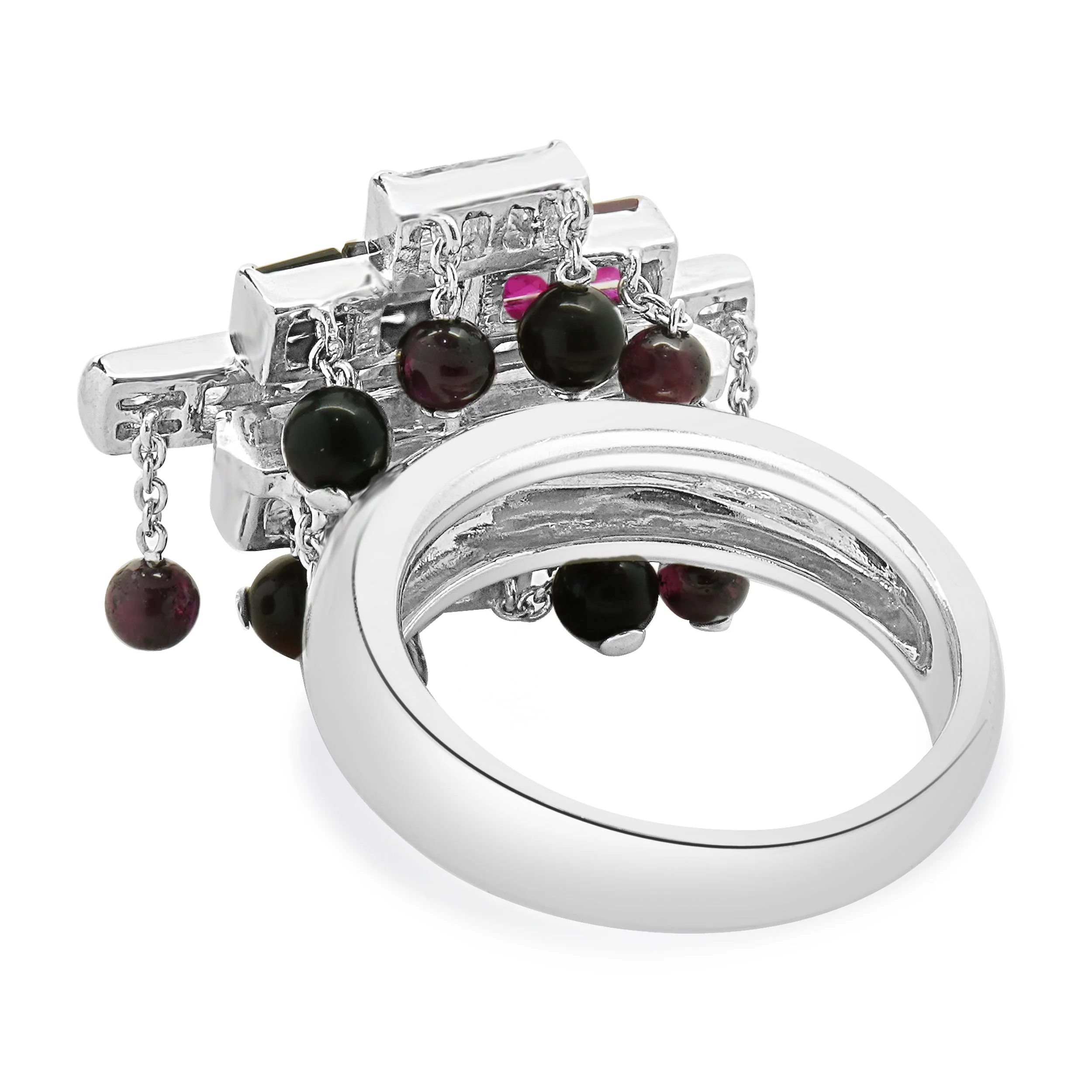 18 Karat White Gold Ruby, Diamond, and Onyx Dangle Ring - Image 3