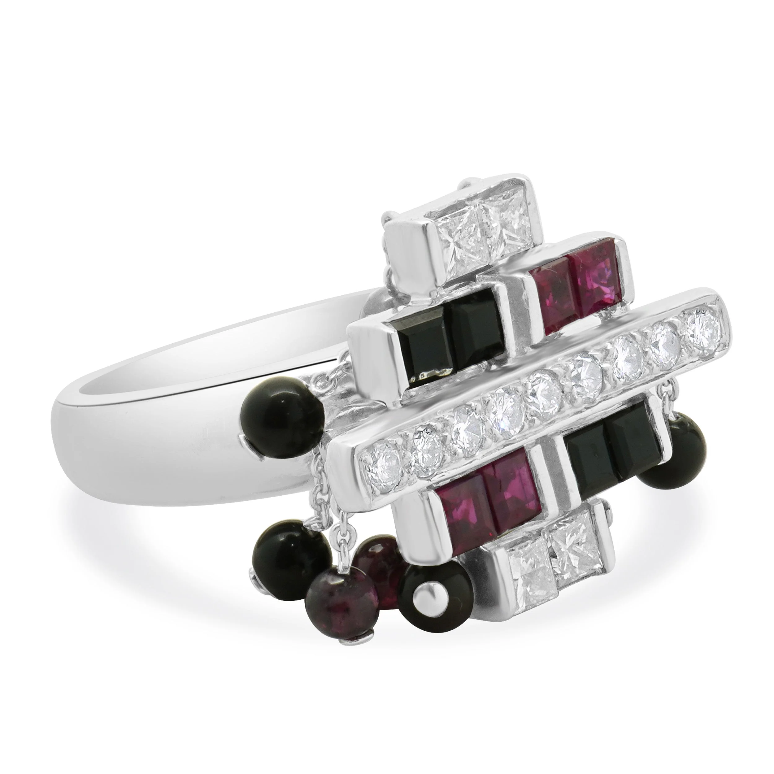 18 Karat White Gold Ruby, Diamond, and Onyx Dangle Ring - Image 4
