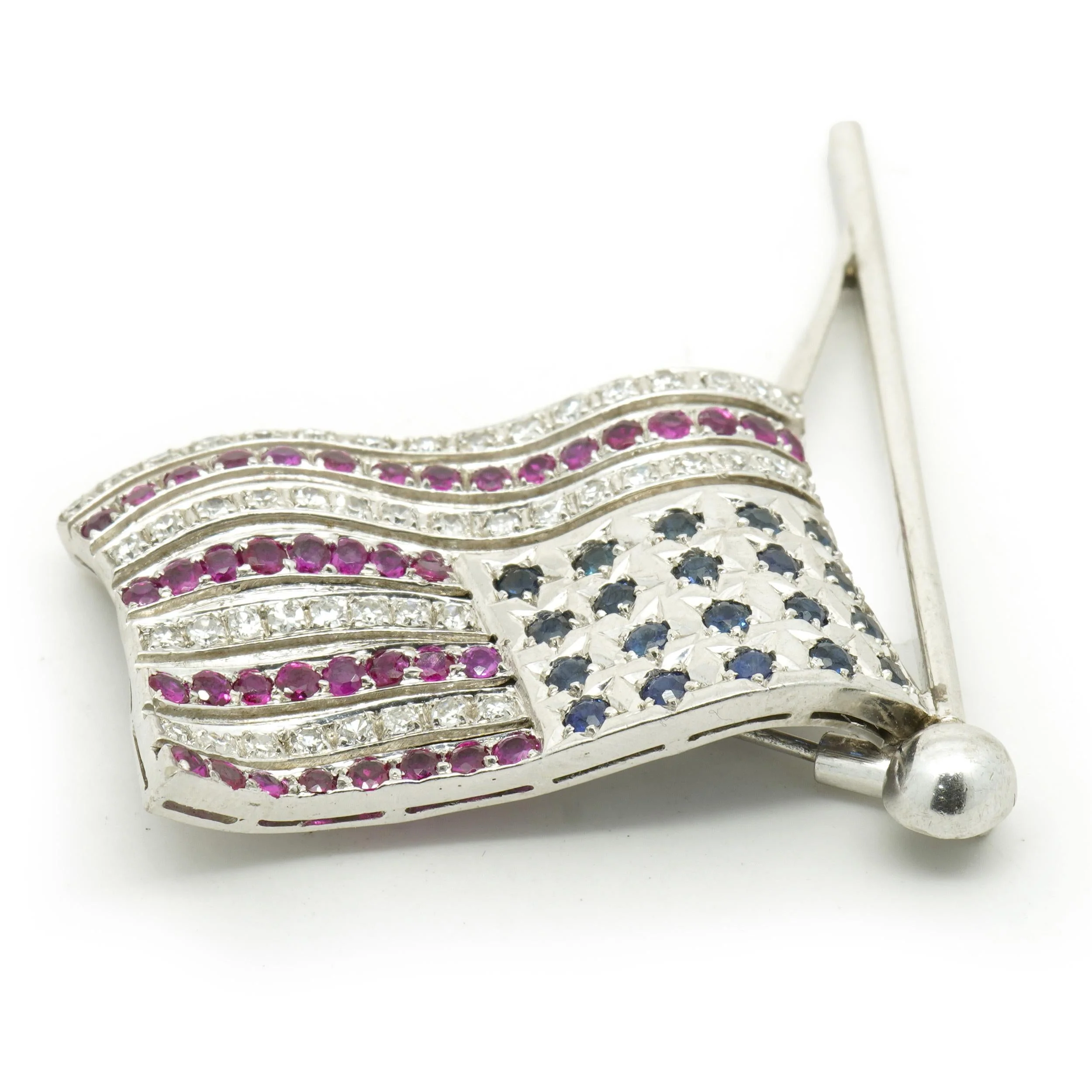 18 Karat White Gold Ruby, Diamond and Sapphire American Flag Pin - Image 3