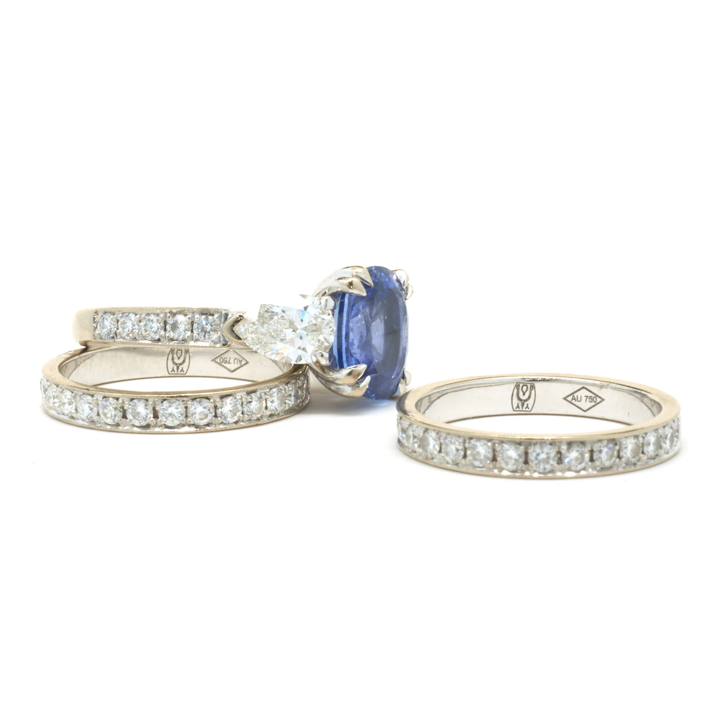 18 Karat White Gold Sapphire and Diamond Three Piece Ring Set - Image 2