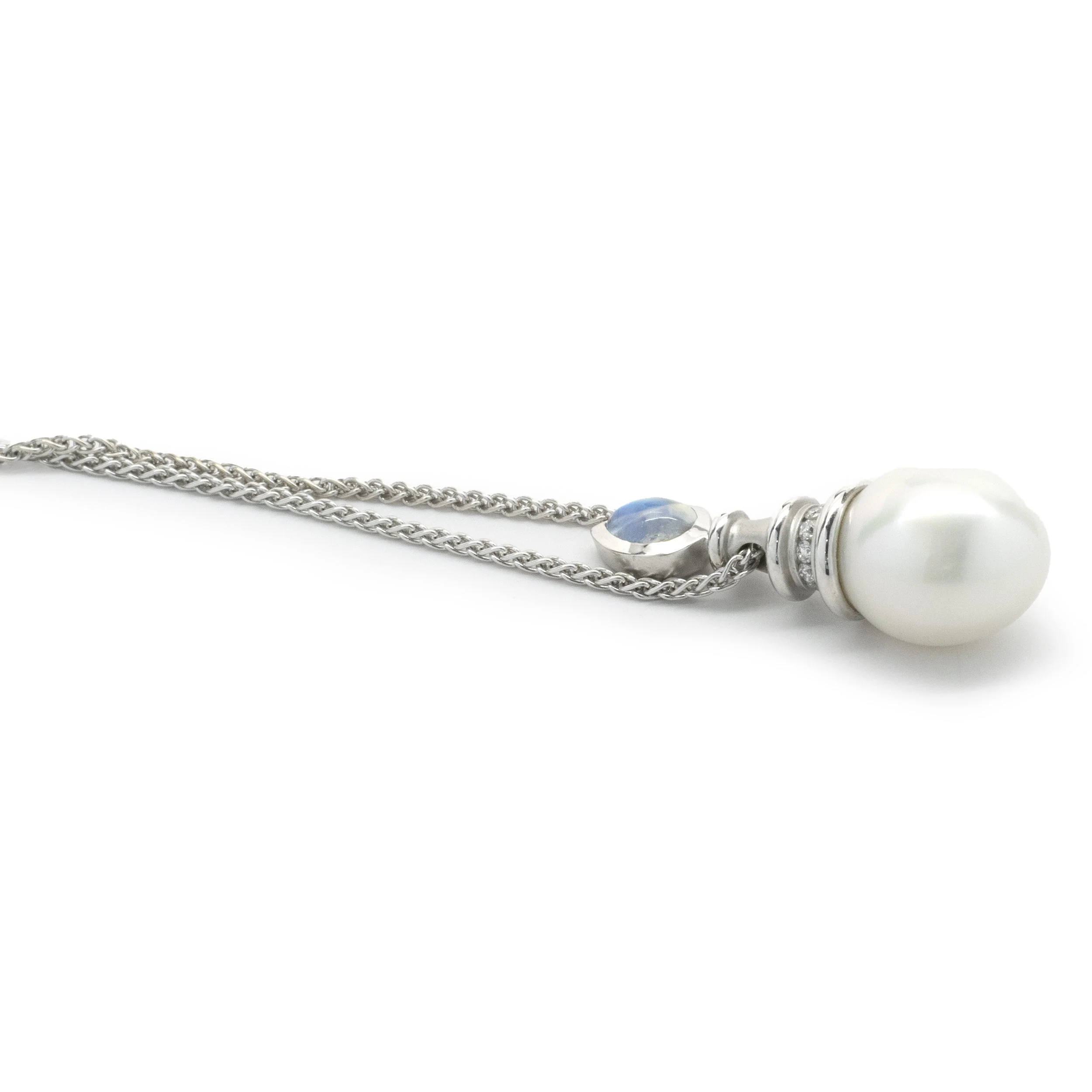 18 Karat White Gold South Sea Pearl, Diamond and Moonstone Drop Necklace - Image 3